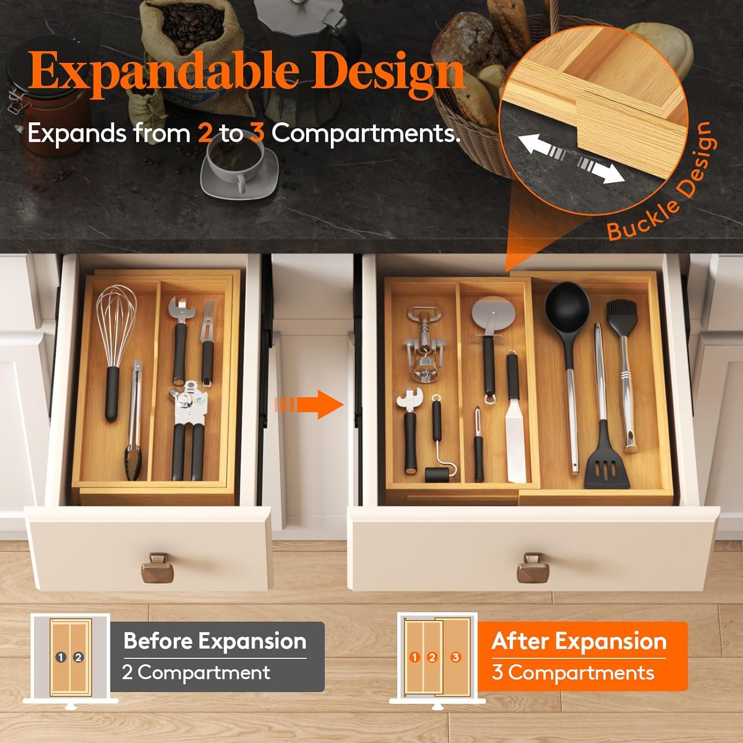 image:imageLifewit Utensil Organizer for Kitchen Drawer Expandable Cooking Utensil Tray Bamboo Cutlery Silverware Flatware Holder Adjustable Spatula Tools Storage Divider 33 56x38cm Natural and BlackNatural