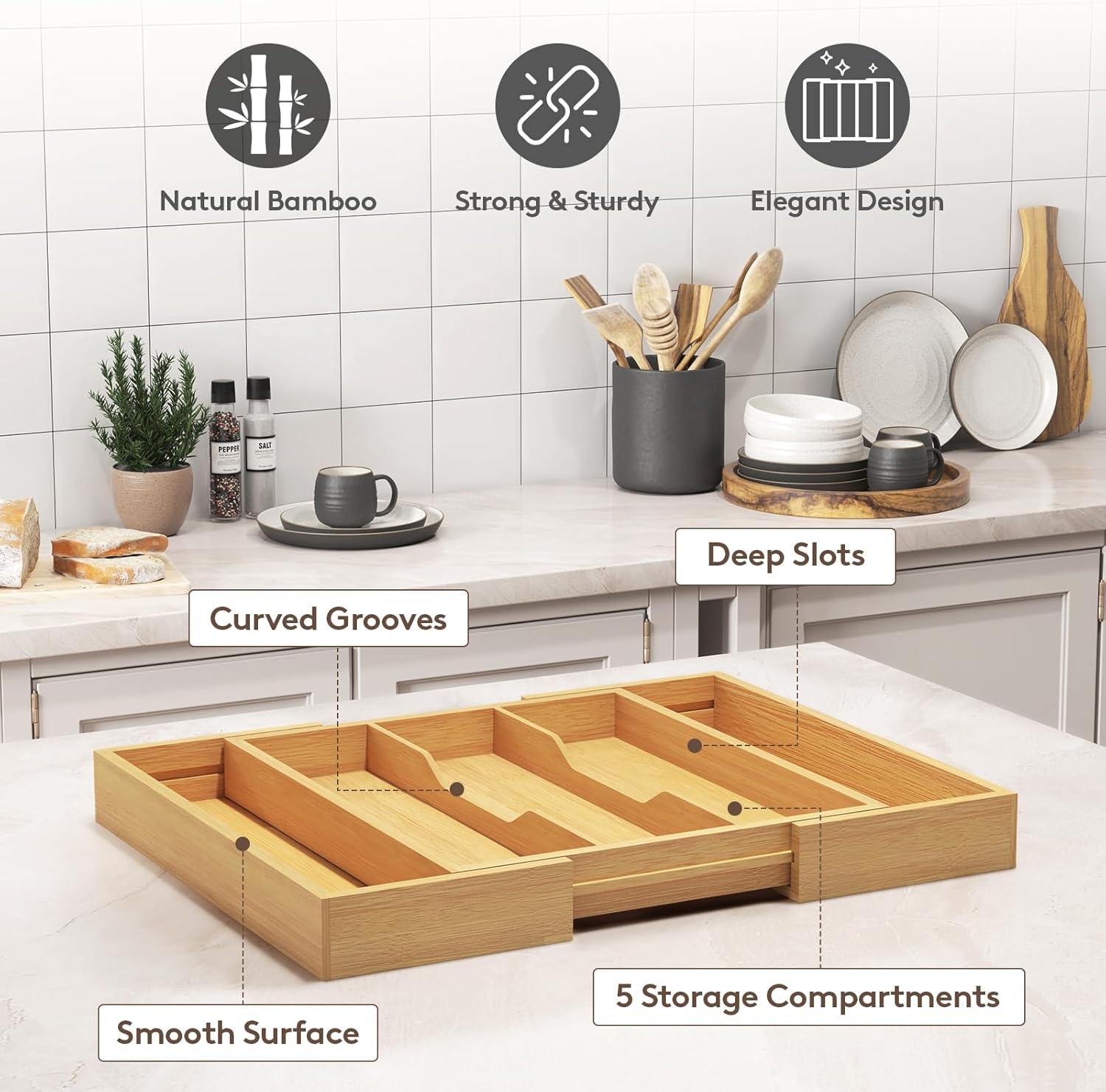 image:imageLifewit Utensil Organizer for Kitchen Drawer Expandable Cooking Utensil Tray Bamboo Cutlery Silverware Flatware Holder Adjustable Spatula Tools Storage Divider 33 56x38cm Natural and BlackNatural