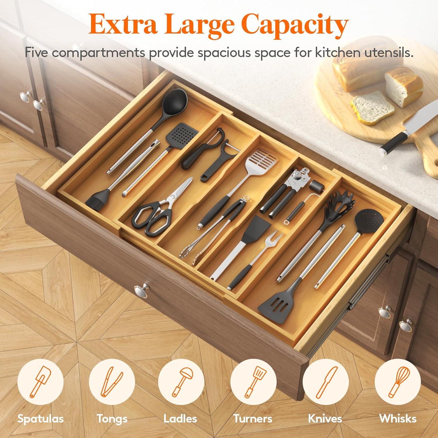 image:imageLifewit Utensil Organizer for Kitchen Drawer Expandable Cooking Utensil Tray Bamboo Cutlery Silverware Flatware Holder Adjustable Spatula Tools Storage Divider 33 56x38cm Natural and BlackNatural