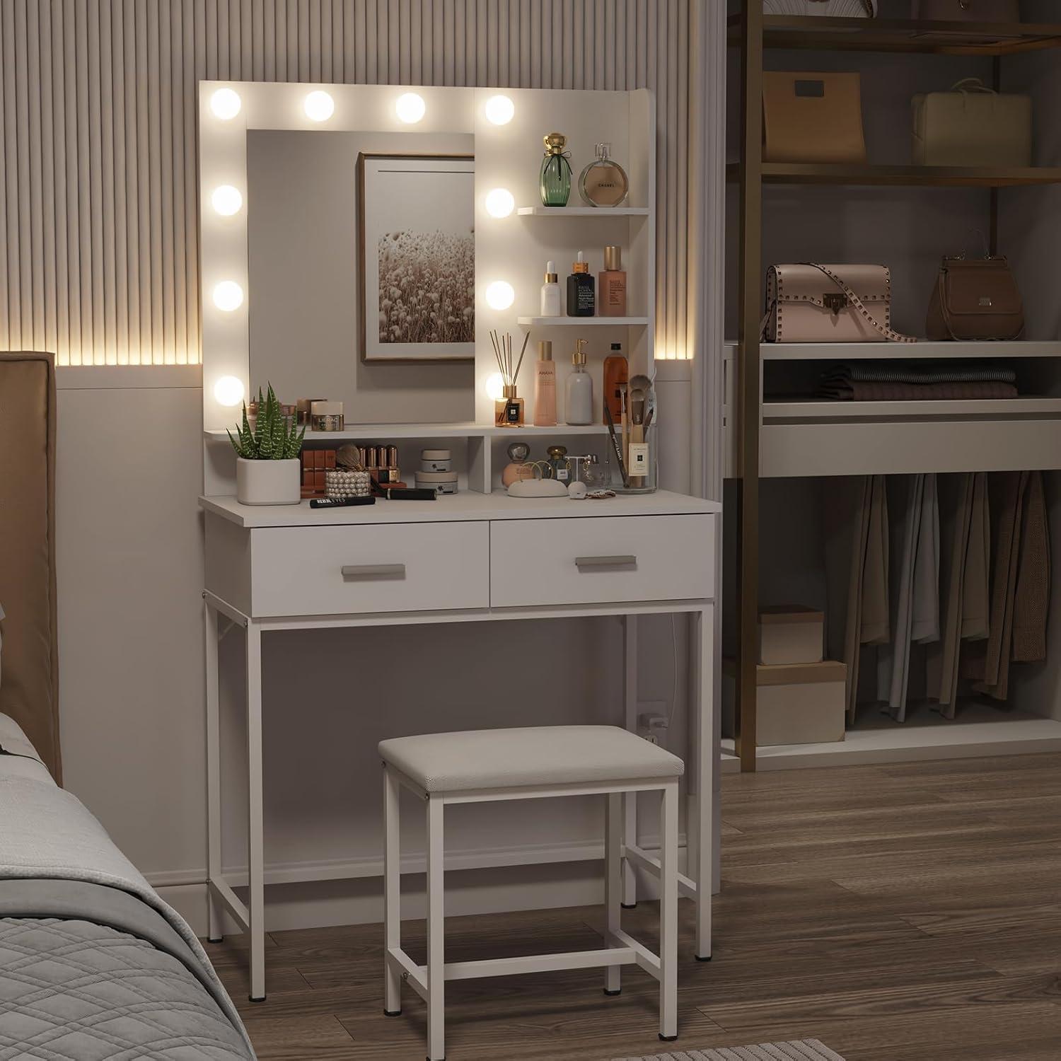 image:imageLifewit Vanity Desk Set with Mirror and Lights White Makeup Dressing Table with 2 DrawersampChair 3 Lighting Modes Adjustable Brightness Suitable for BedroomBathroom Wooden TopampIron FrameWhite
