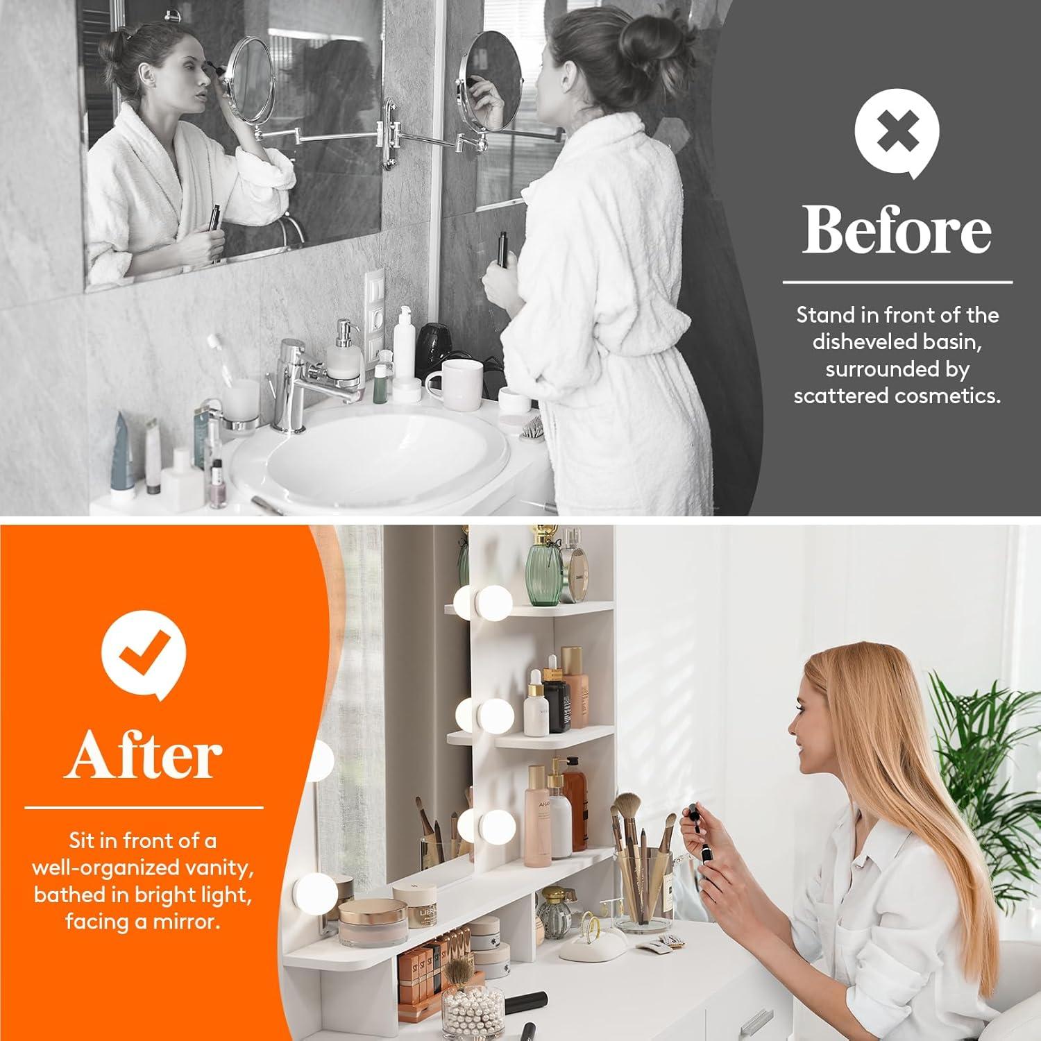 image:imageLifewit Vanity Desk Set with Mirror and Lights White Makeup Dressing Table with 2 DrawersampChair 3 Lighting Modes Adjustable Brightness Suitable for BedroomBathroom Wooden TopampIron FrameWhite