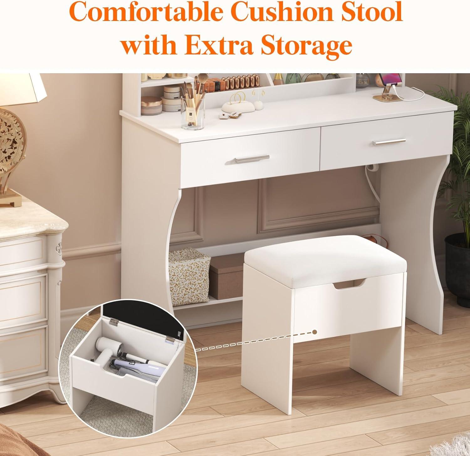 image:imageLifewit Vanity with Mirror and Bulbs Lights Adjustable ColorBrightness 2 Power Outlets 2 USB Ports White Makeup Desk with Storage Stool 8 Open Shelves 2 Drawers 68lbs Weight Bottom ShelfLED Light Mirror