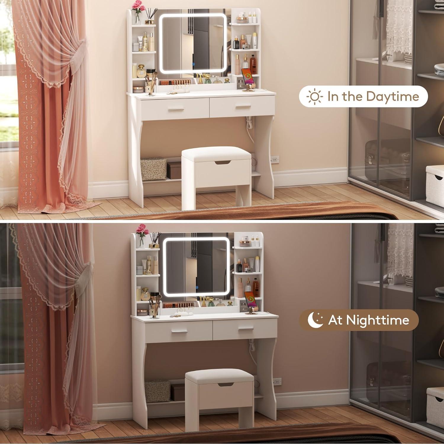 image:imageLifewit Vanity with Mirror and Bulbs Lights Adjustable ColorBrightness 2 Power Outlets 2 USB Ports White Makeup Desk with Storage Stool 8 Open Shelves 2 Drawers 68lbs Weight Bottom ShelfLED Light Mirror
