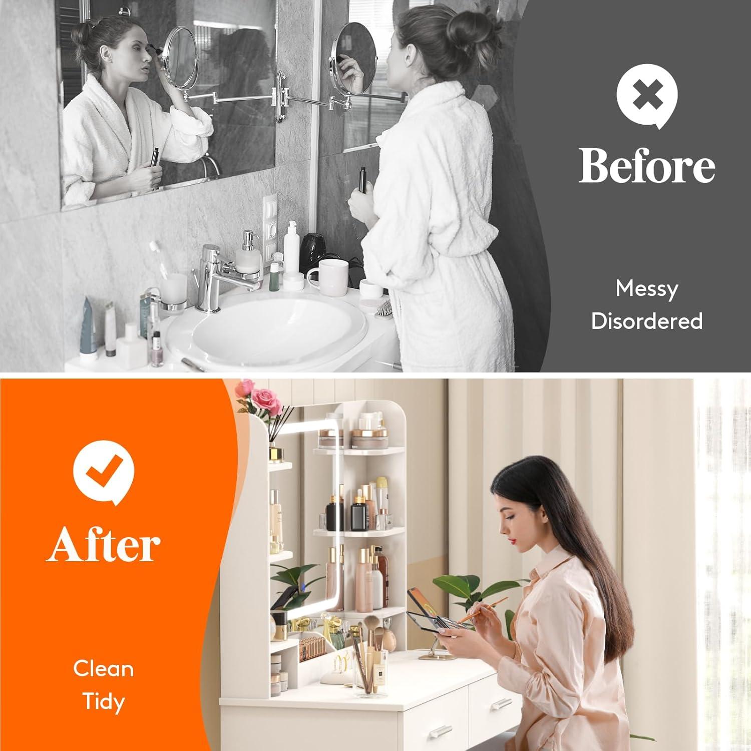 image:imageLifewit Vanity with Mirror and Bulbs Lights Adjustable ColorBrightness 2 Power Outlets 2 USB Ports White Makeup Desk with Storage Stool 8 Open Shelves 2 Drawers 68lbs Weight Bottom ShelfLED Light Mirror