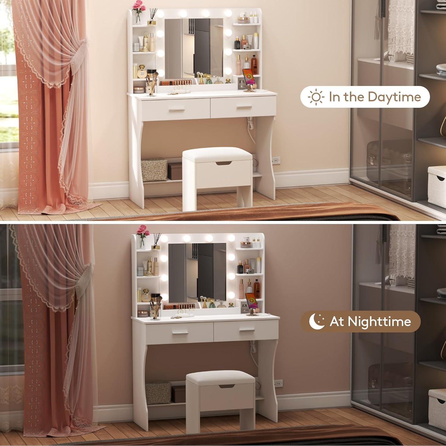 image:imageLifewit Vanity with Mirror and Bulbs Lights Adjustable ColorBrightness 2 Power Outlets 2 USB Ports White Makeup Desk with Storage Stool 8 Open Shelves 2 Drawers 68lbs Weight Bottom ShelfBulbs Light Mirror