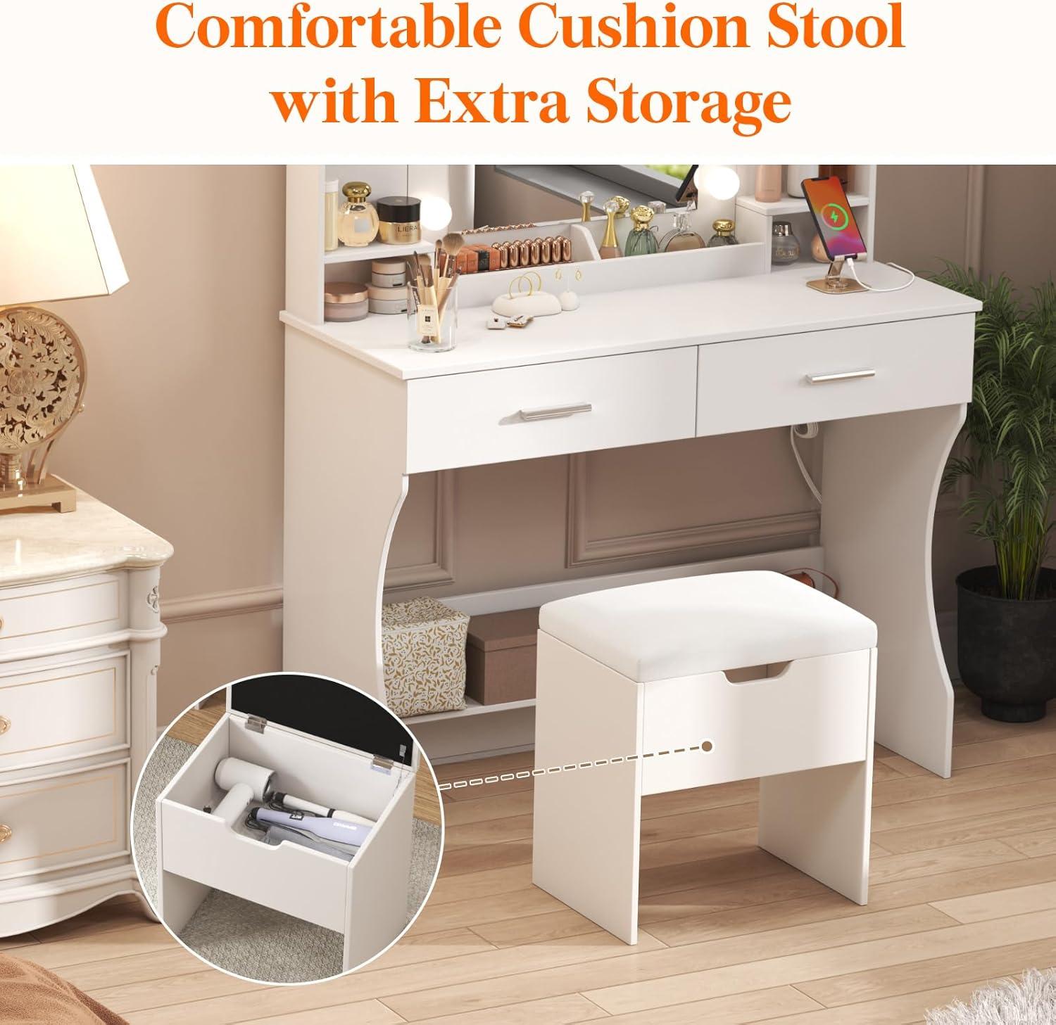 image:imageLifewit Vanity with Mirror and Bulbs Lights Adjustable ColorBrightness 2 Power Outlets 2 USB Ports White Makeup Desk with Storage Stool 8 Open Shelves 2 Drawers 68lbs Weight Bottom ShelfBulbs Light Mirror