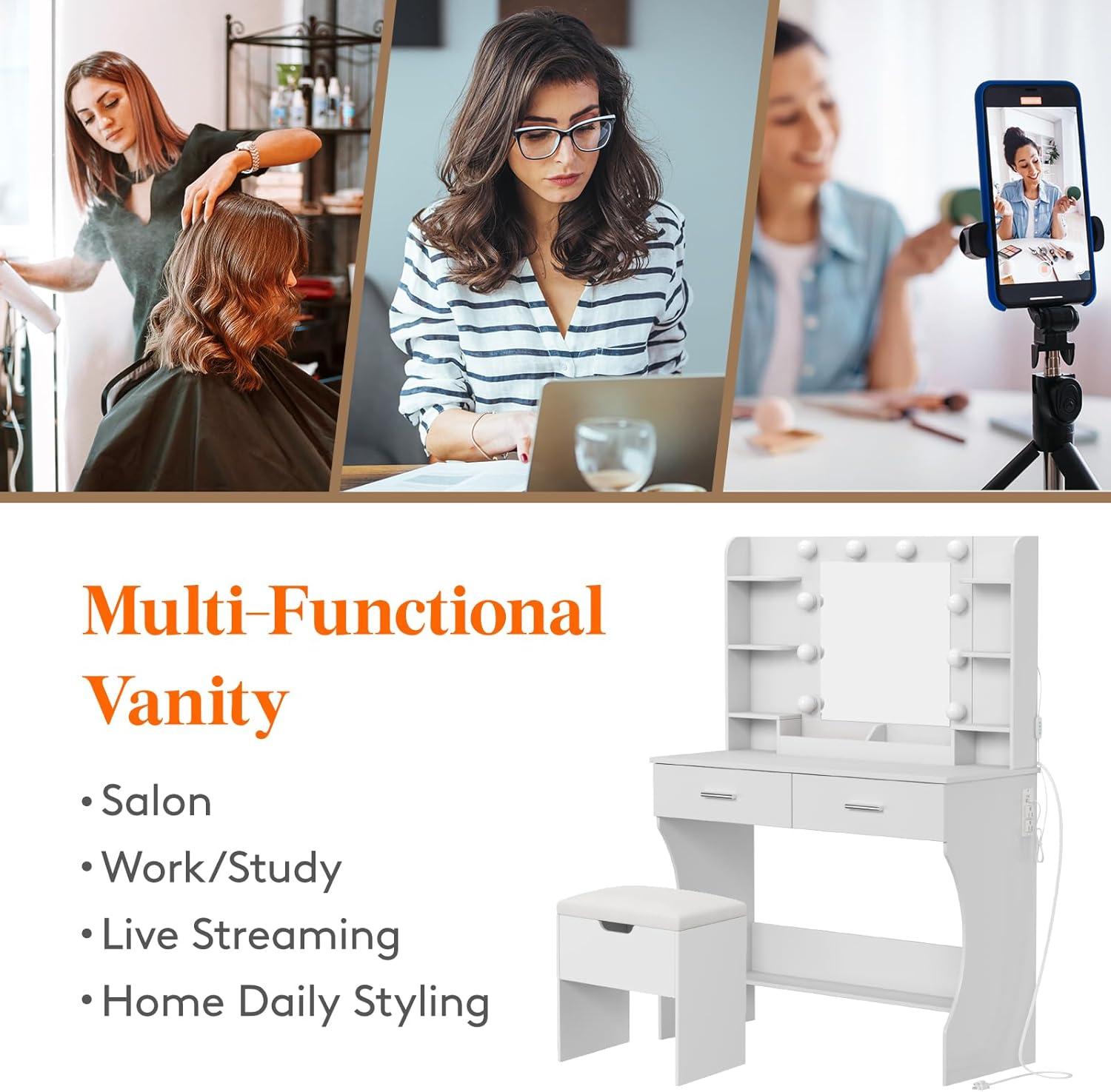 image:imageLifewit Vanity with Mirror and Bulbs Lights Adjustable ColorBrightness 2 Power Outlets 2 USB Ports White Makeup Desk with Storage Stool 8 Open Shelves 2 Drawers 68lbs Weight Bottom ShelfBulbs Light Mirror