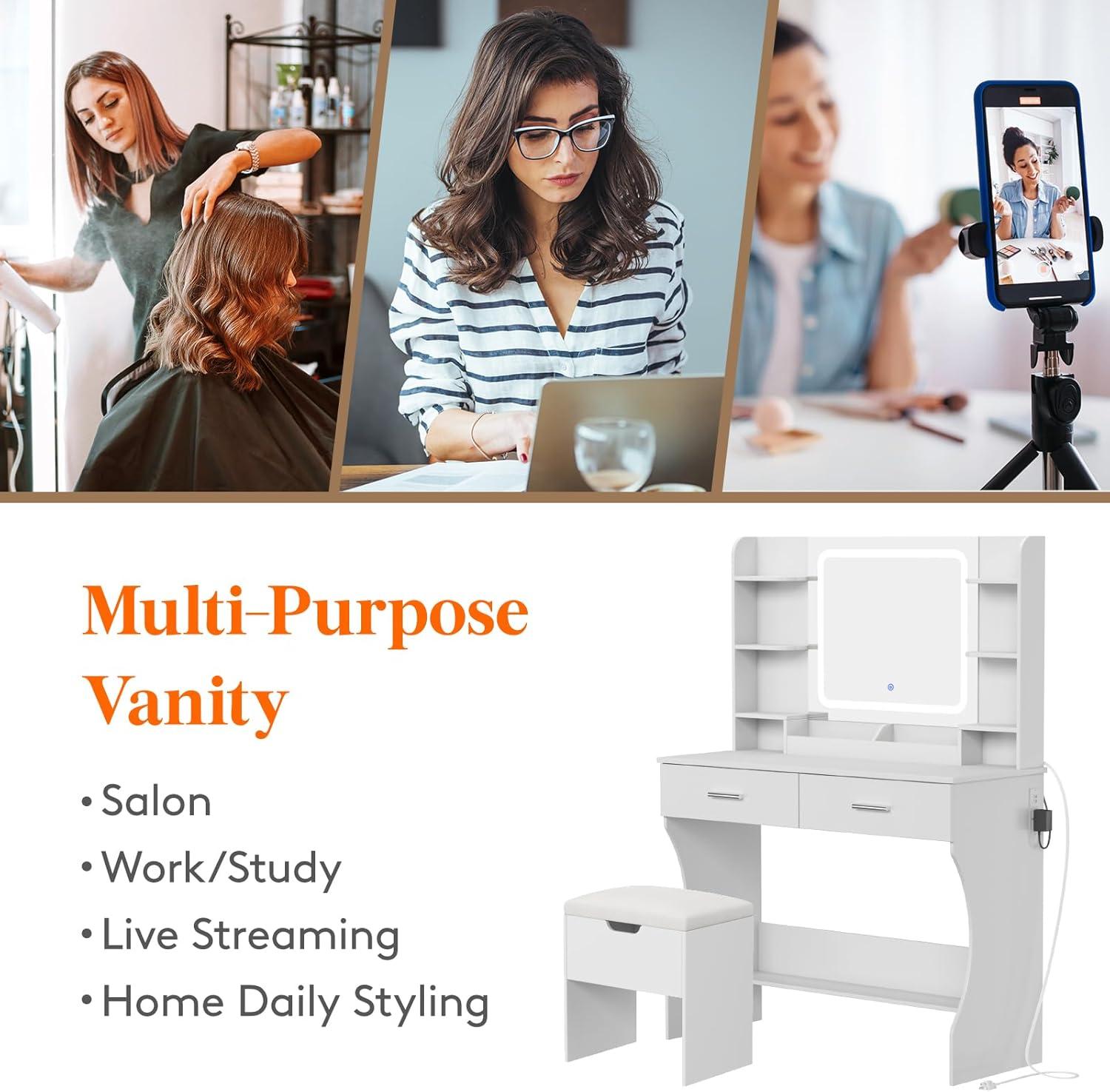 image:imageLifewit Vanity with Mirror and Bulbs Lights Adjustable ColorBrightness 2 Power Outlets 2 USB Ports White Makeup Desk with Storage Stool 8 Open Shelves 2 Drawers 68lbs Weight Bottom ShelfLED Light Mirror