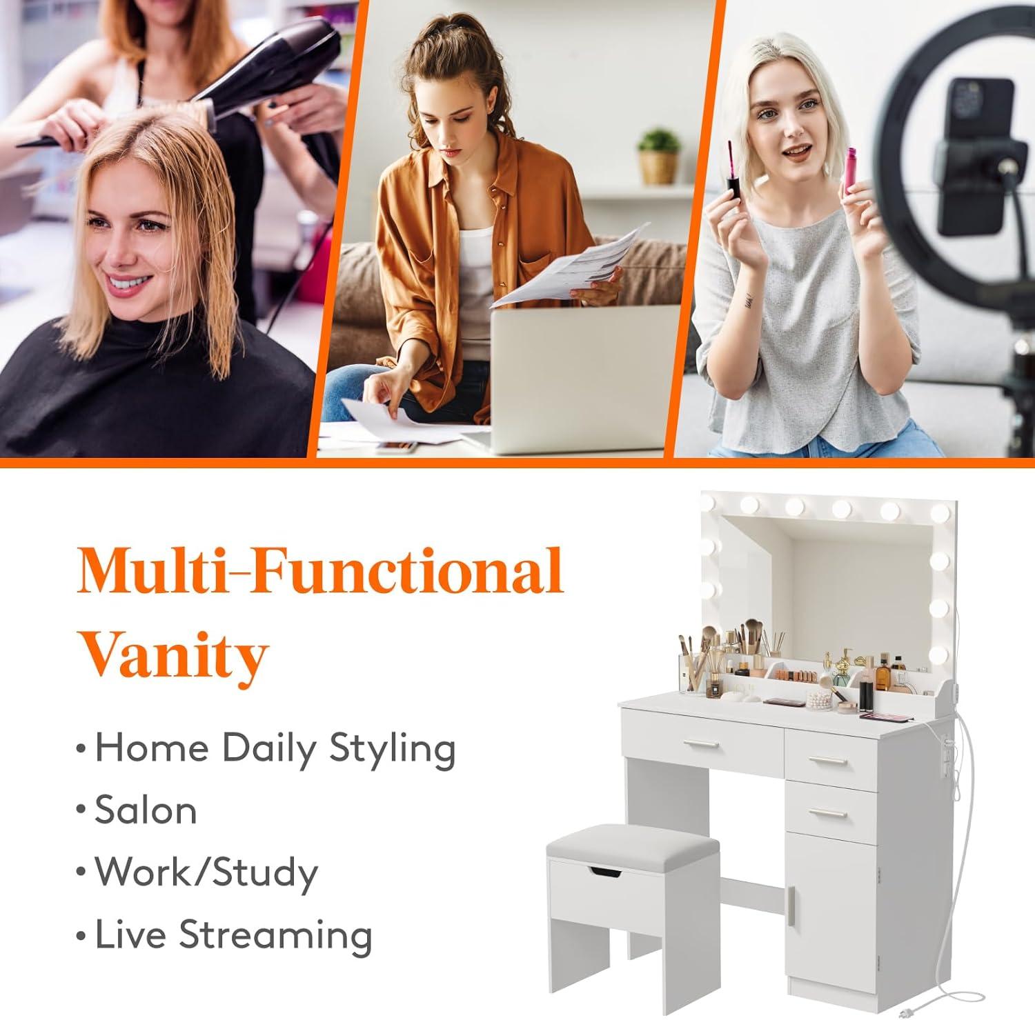 image:imageLifewit Vanity with Mirror and Bulbs Lights Dressing Table with Large Drawer 3 Level Storage Dresser amp 3 Lighting Modes Adjustable Brightness Suitable for Bedroom 76lbs WeightBulbs Light Mirror