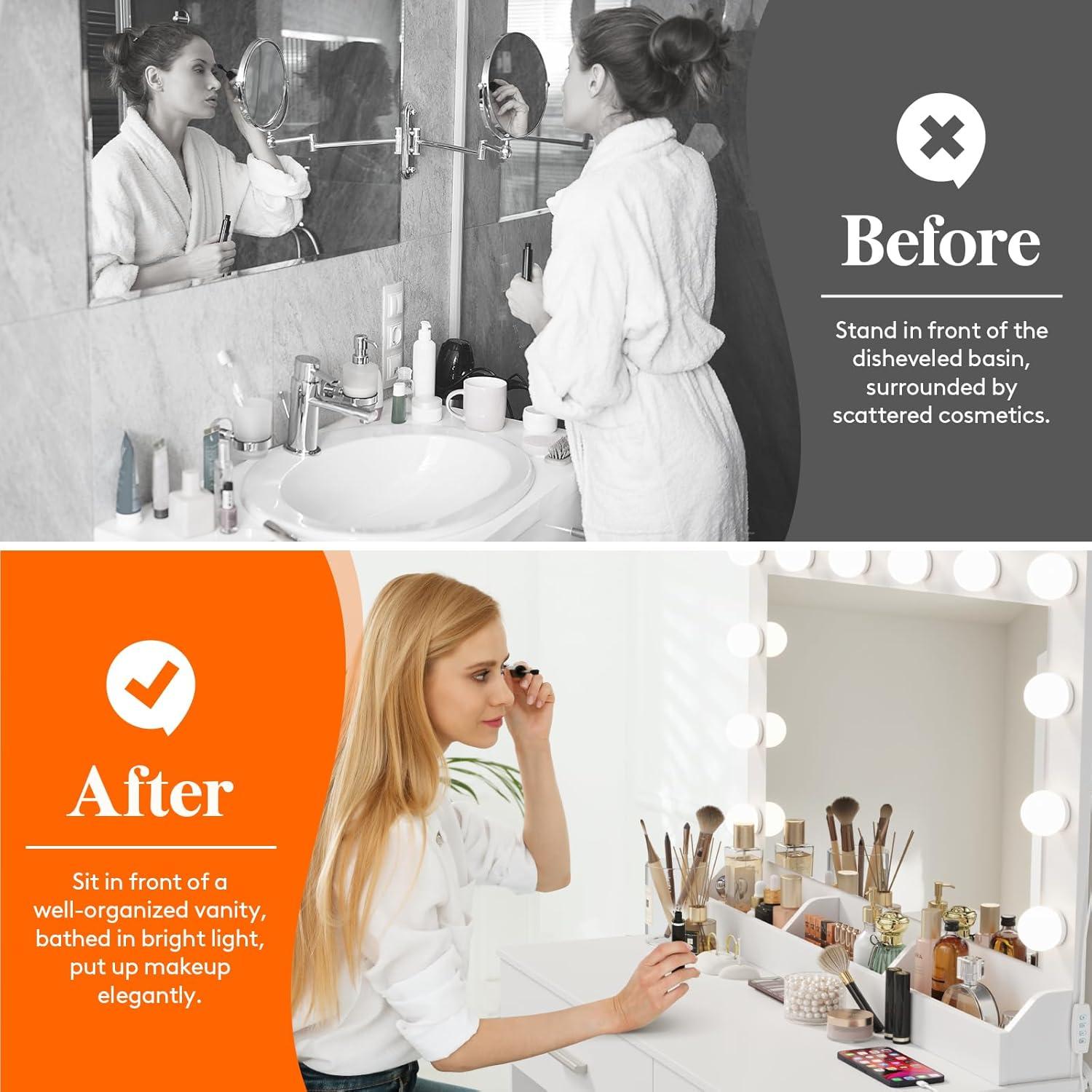 image:imageLifewit Vanity with Mirror and Bulbs Lights Dressing Table with Large Drawer 3 Level Storage Dresser amp 3 Lighting Modes Adjustable Brightness Suitable for Bedroom 76lbs WeightBulbs Light Mirror