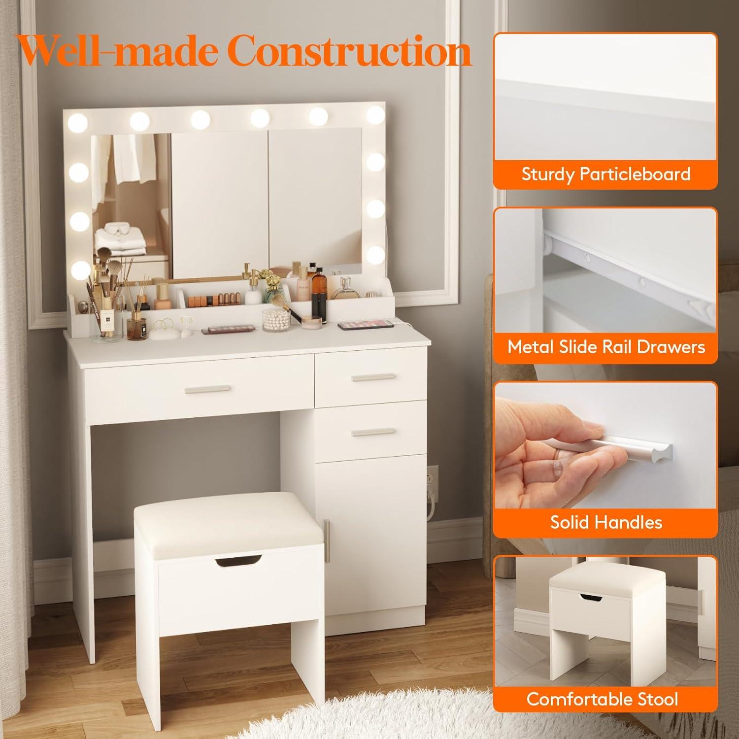 image:imageLifewit Vanity with Mirror and Bulbs Lights Dressing Table with Large Drawer 3 Level Storage Dresser amp 3 Lighting Modes Adjustable Brightness Suitable for Bedroom 76lbs WeightBulbs Light Mirror