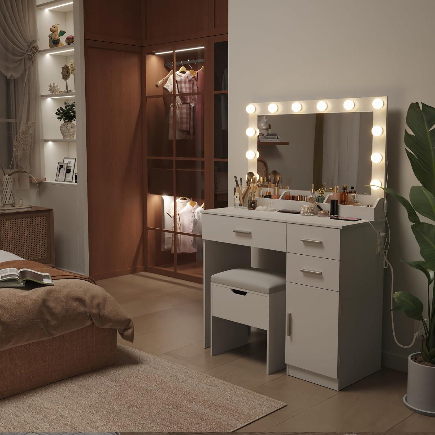 image:imageLifewit Vanity with Mirror and Bulbs Lights Dressing Table with Large Drawer 3 Level Storage Dresser amp 3 Lighting Modes Adjustable Brightness Suitable for Bedroom 76lbs WeightBulbs Light Mirror