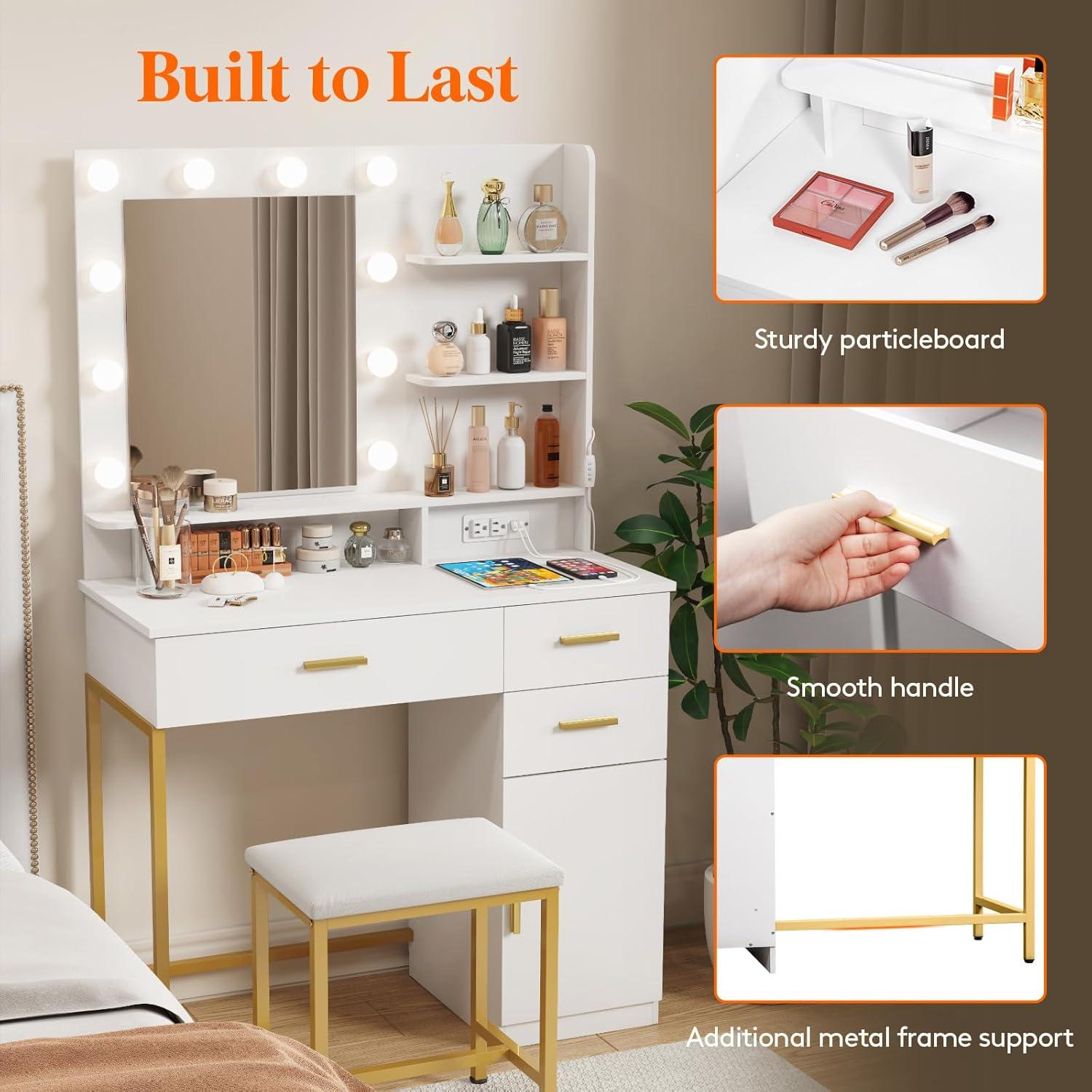 image:imageLifewit Vanity with Mirror and Light2 Power Outlets and 2 USB Ports Adjustable ColorBrightness Makeup Desk with 4 Drawers and Stool for Bedroom Bathroom Makeup Room 74lbs Weight White