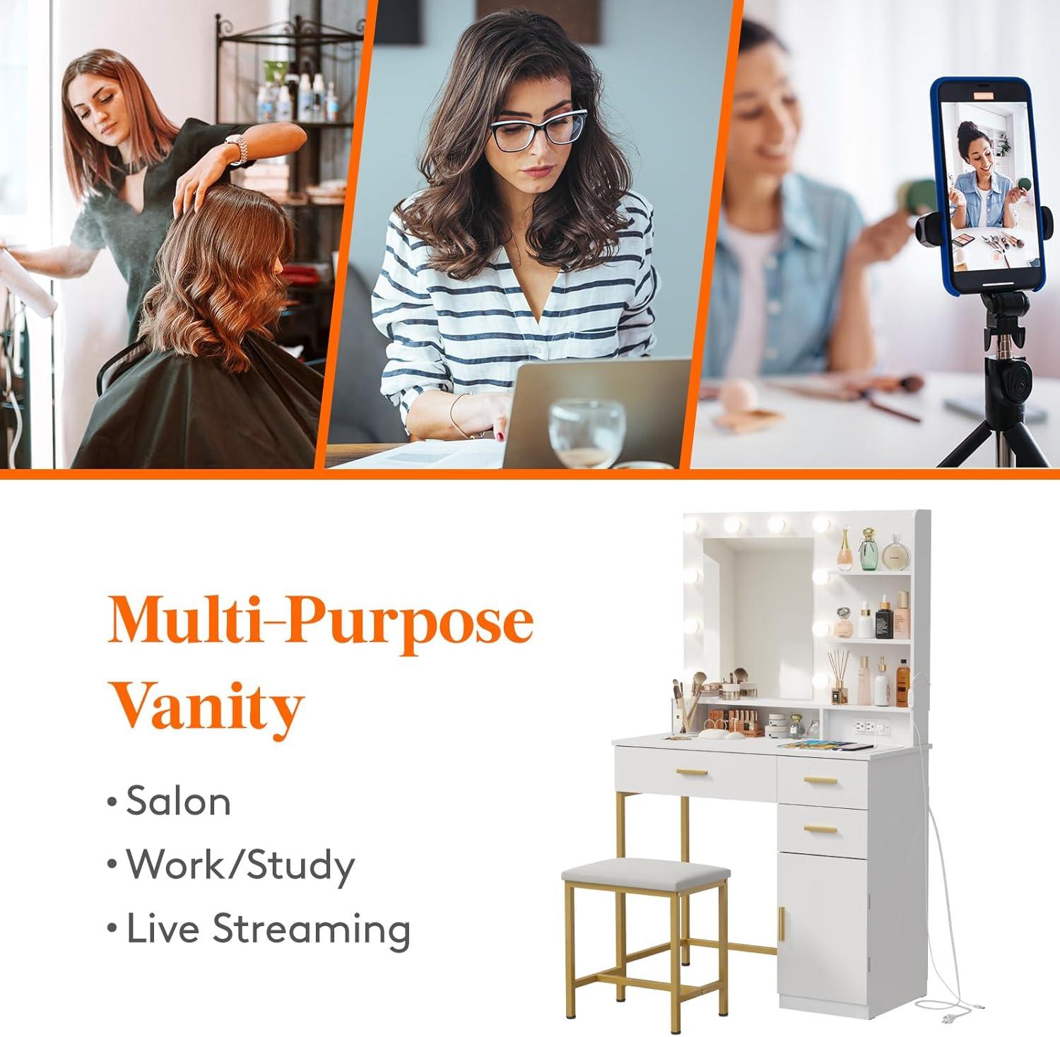 image:imageLifewit Vanity with Mirror and Light2 Power Outlets and 2 USB Ports Adjustable ColorBrightness Makeup Desk with 4 Drawers and Stool for Bedroom Bathroom Makeup Room 74lbs Weight White