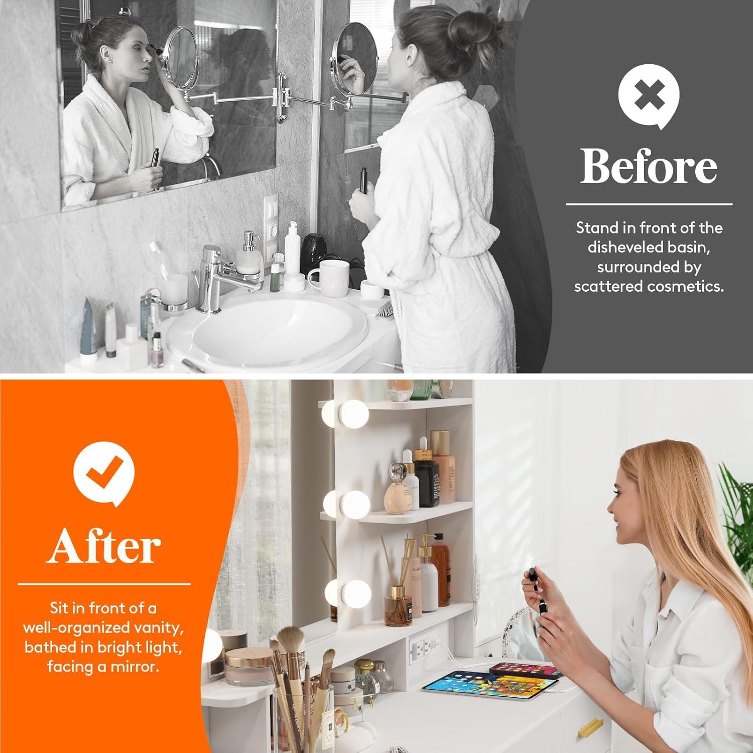 image:imageLifewit Vanity with Mirror and Light2 Power Outlets and 2 USB Ports Adjustable ColorBrightness Makeup Desk with 4 Drawers and Stool for Bedroom Bathroom Makeup Room 74lbs Weight White