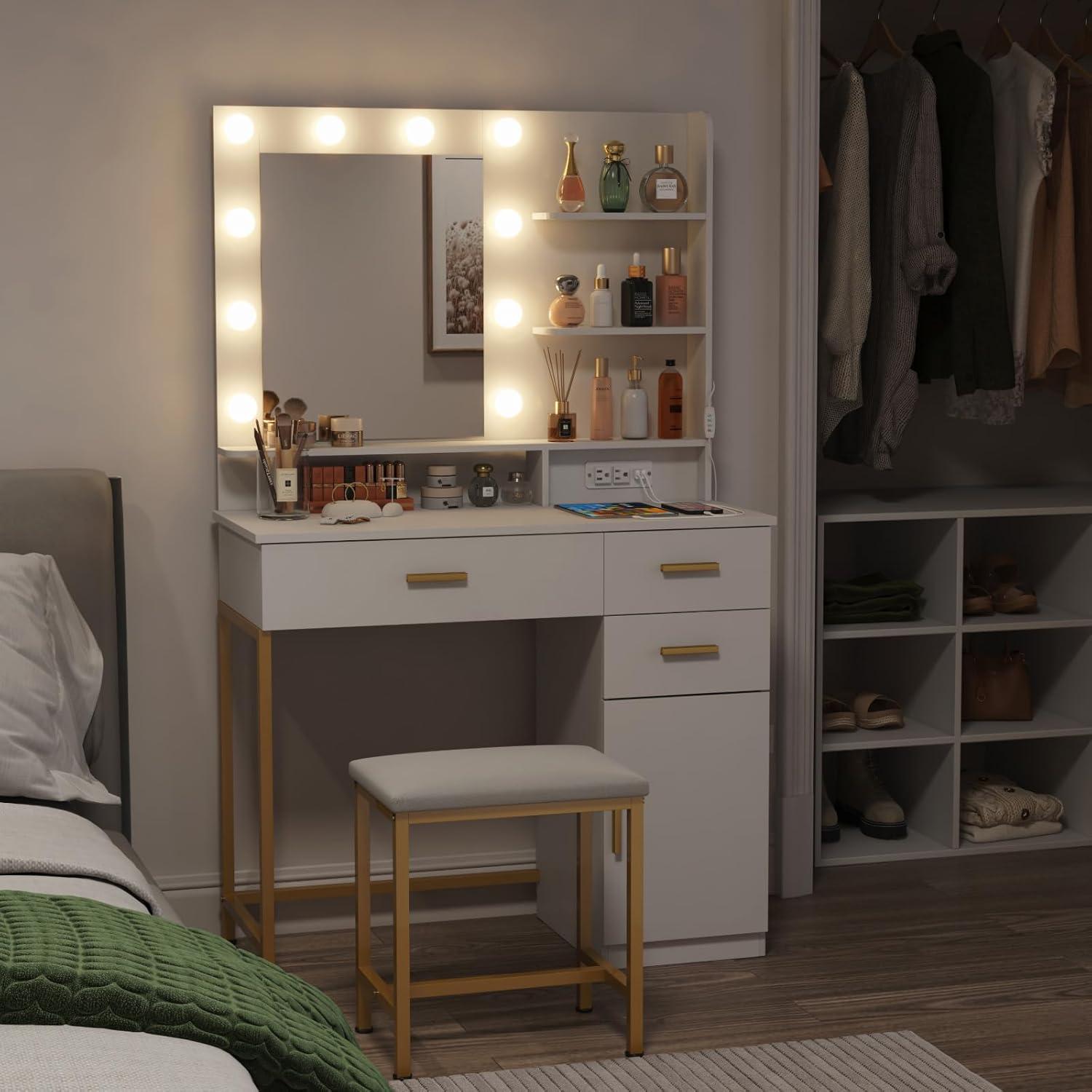 image:imageLifewit Vanity with Mirror and Light2 Power Outlets and 2 USB Ports Adjustable ColorBrightness Makeup Desk with 4 Drawers and Stool for Bedroom Bathroom Makeup Room 74lbs Weight White