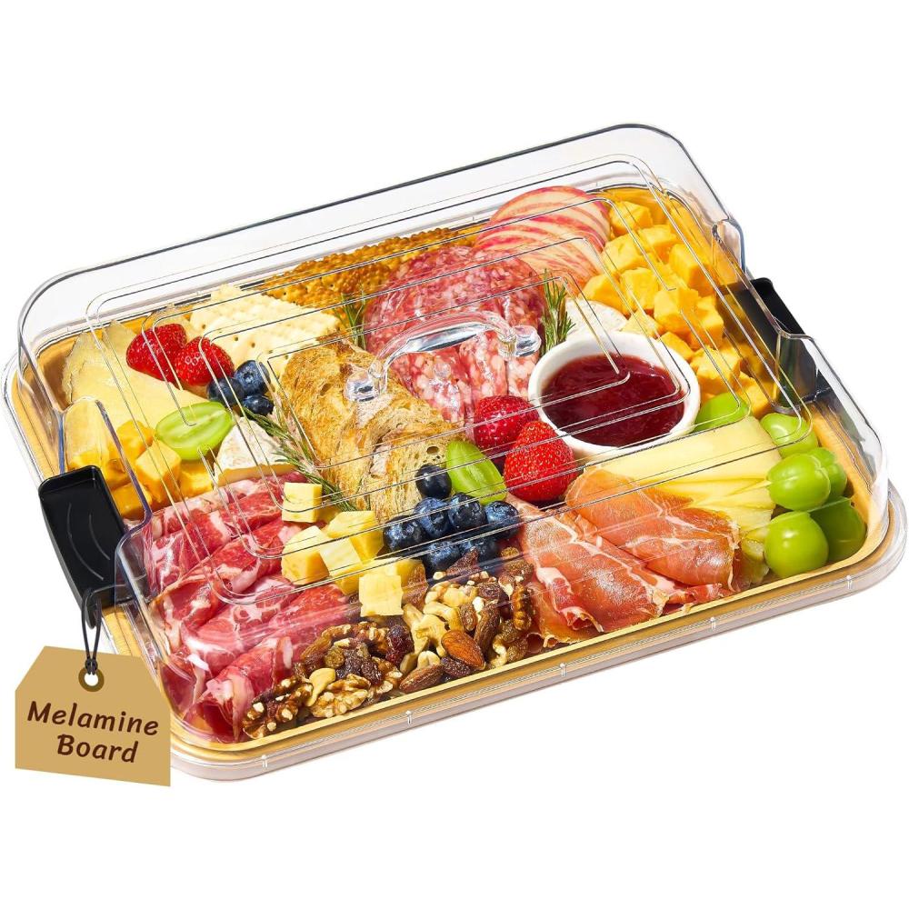 image:imageLifewit 1 Compartment Melamine Charcuterie Board 11 x 14 Inch Portable Cheese Board with Plastic Lockable Clear Lid Travel Charcuterie Board Serving Platter with Cover for Snacks Fruit Appetizers1 Compartment