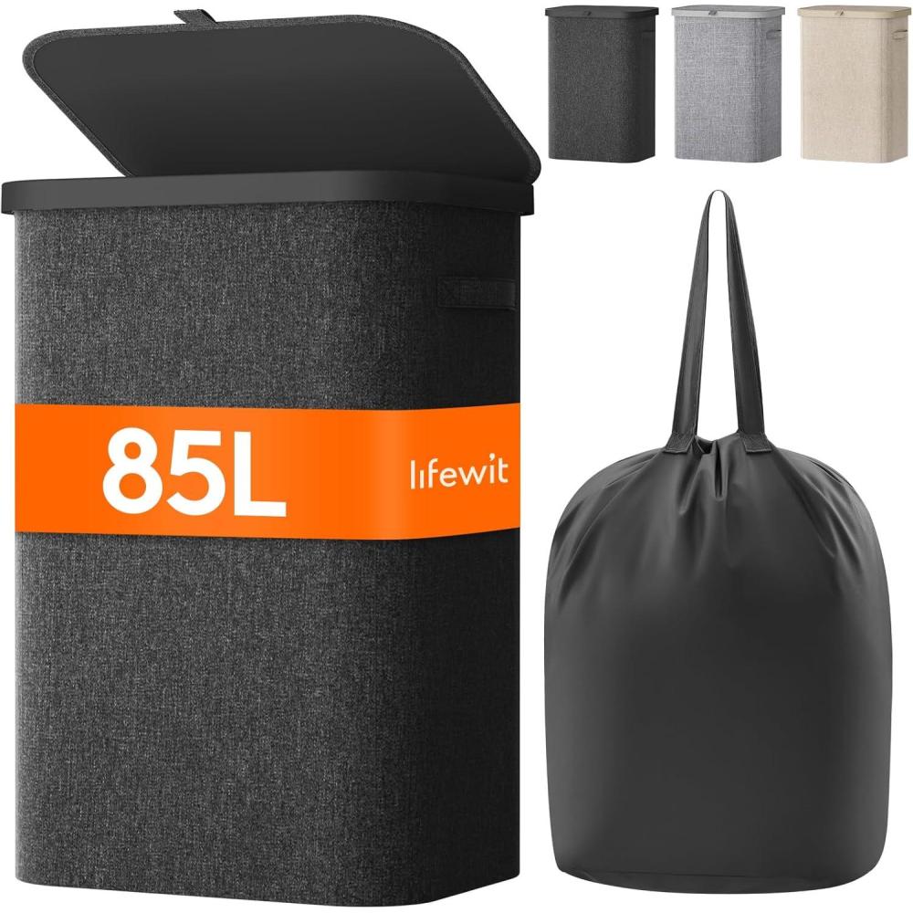image:imageLifewit 165L Laundry Basket with Lid Large Laundry Hamper with Plastic Handles and Removable Bag Foldable Tall Dirty Clothes Hampers for Laundry for Laundry Room Bedroom Bathroom Dorm BeigeDark Gray