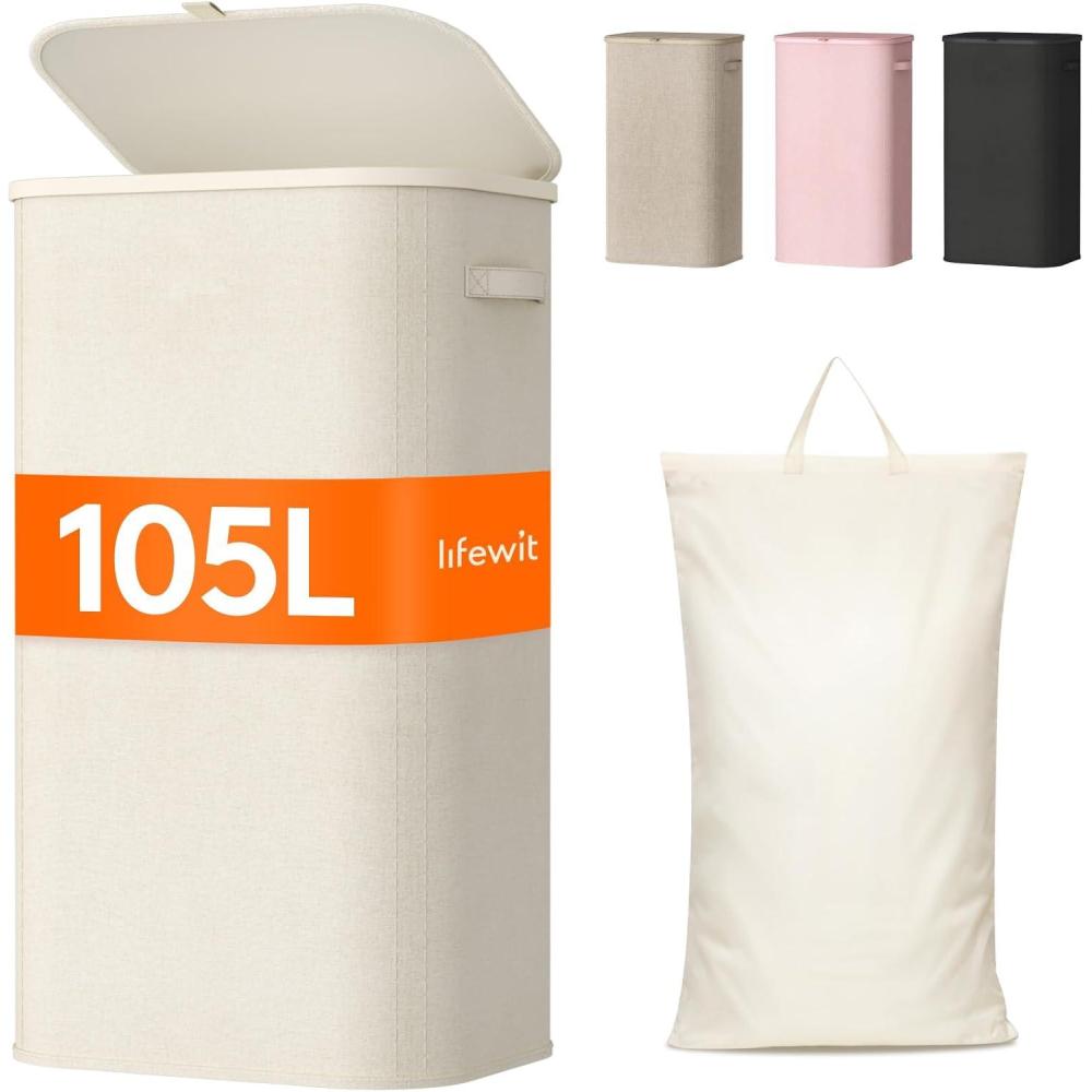 image:imageLifewit 165L Laundry Basket with Lid Large Laundry Hamper with Plastic Handles and Removable Bag Foldable Tall Dirty Clothes Hampers for Laundry for Laundry Room Bedroom Bathroom Dorm BeigeWhite