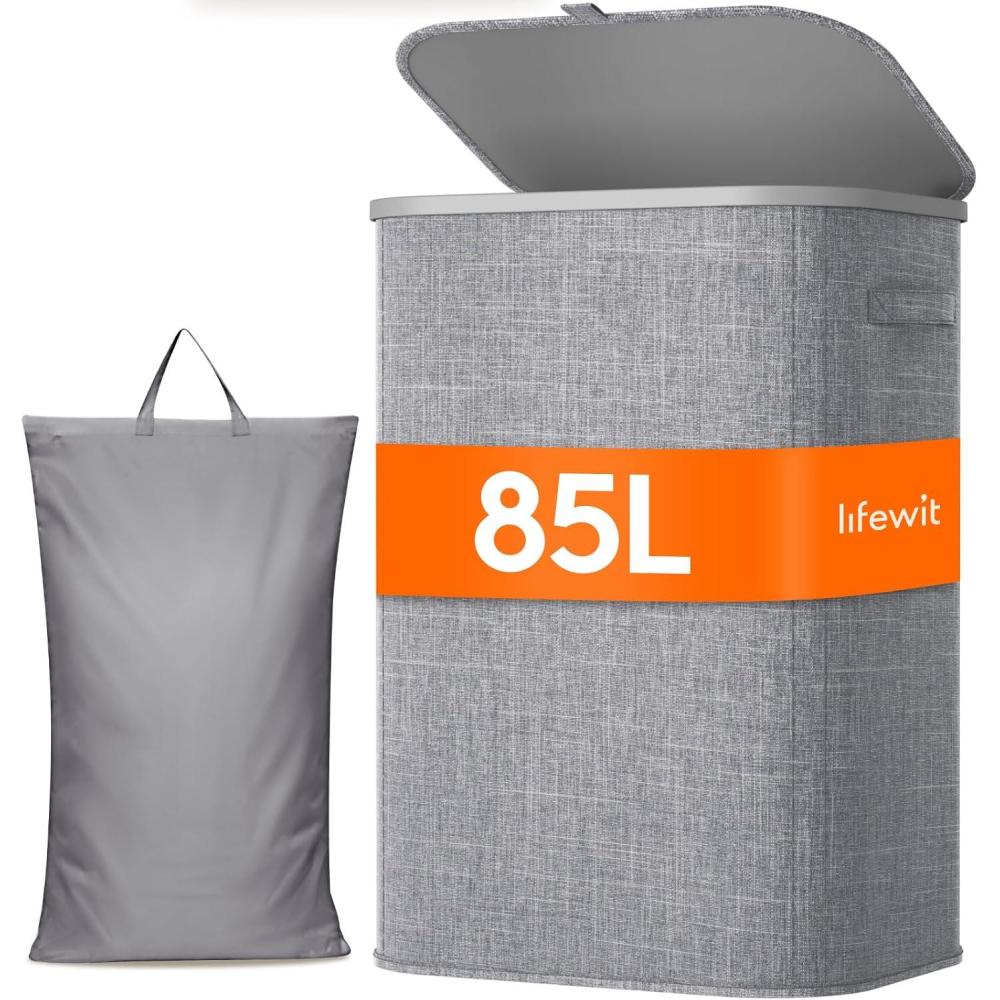 image:imageLifewit 165L Laundry Basket with Lid Large Laundry Hamper with Plastic Handles and Removable Bag Foldable Tall Dirty Clothes Hampers for Laundry for Laundry Room Bedroom Bathroom Dorm BeigeLight Gray