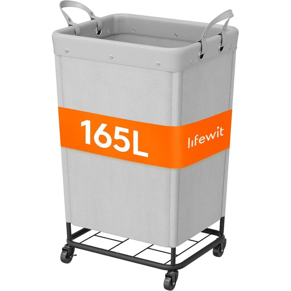 image:imageLifewit 165L Laundry Basket with Wheels Large Heavy Duty Commercial Rolling Laundry Hamper with Handles Tall Steel Frame Laundry Cart for Laundry Room Bedroom Hotel Home Dorm WhiteSliver Gray
