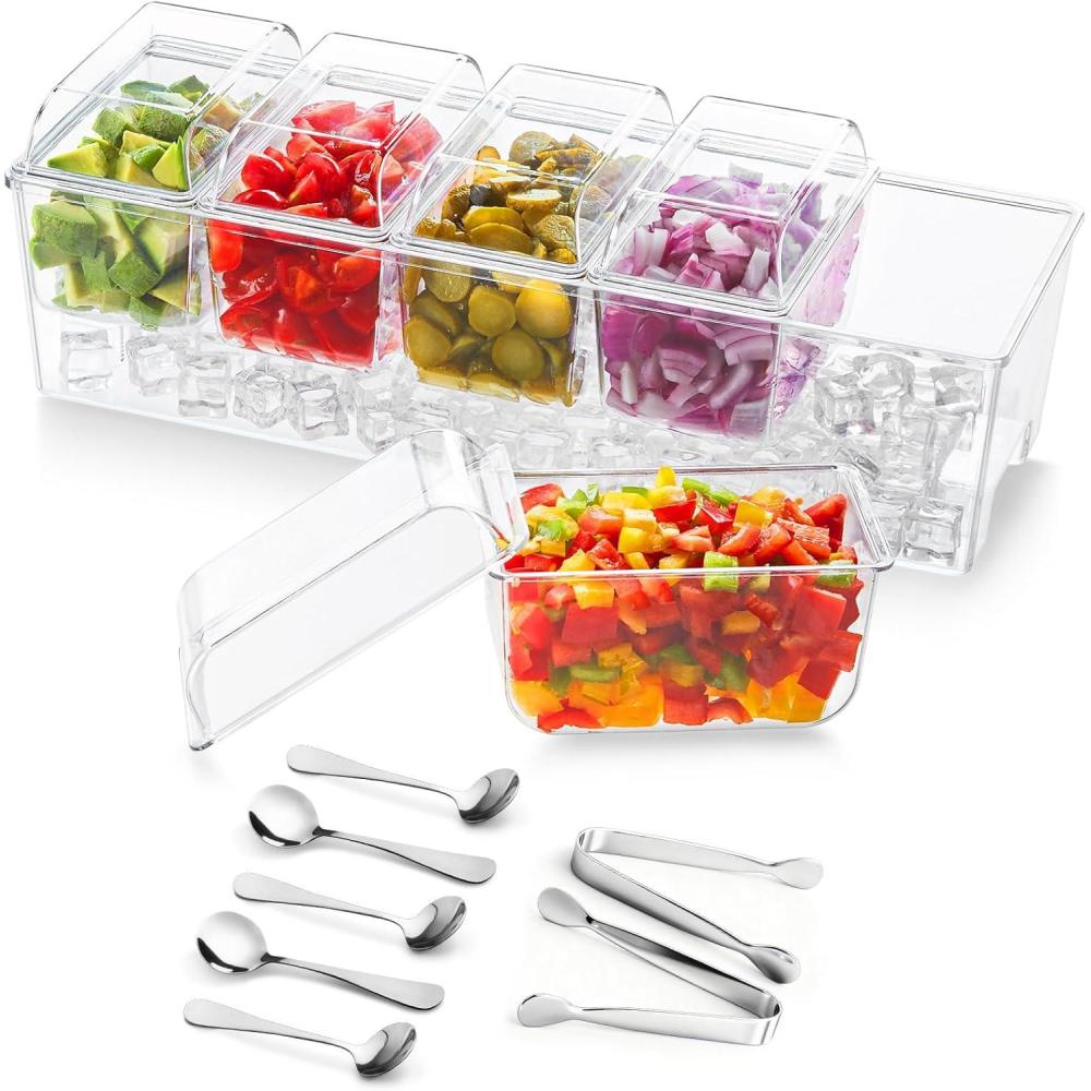 image:imageLifewit 2 Pack Ice Chilled Condiment Caddy with 5 Containers25 cup Condiment Server with Separate Lids Serving Tray Platter for Bar Accessories Fruit Salad Taco Party Garnish1