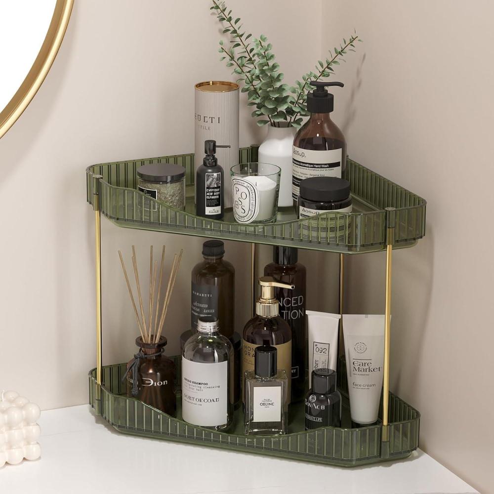 image:imageLifewit 2Tier Corner Bathroom Counter Organizer Plastic Makeup Skincare Organizers Storage Countertop Large Sink Cosmetic Perfume Shelf for Bedroom Dresser Kitchen Vanity ClearGreen