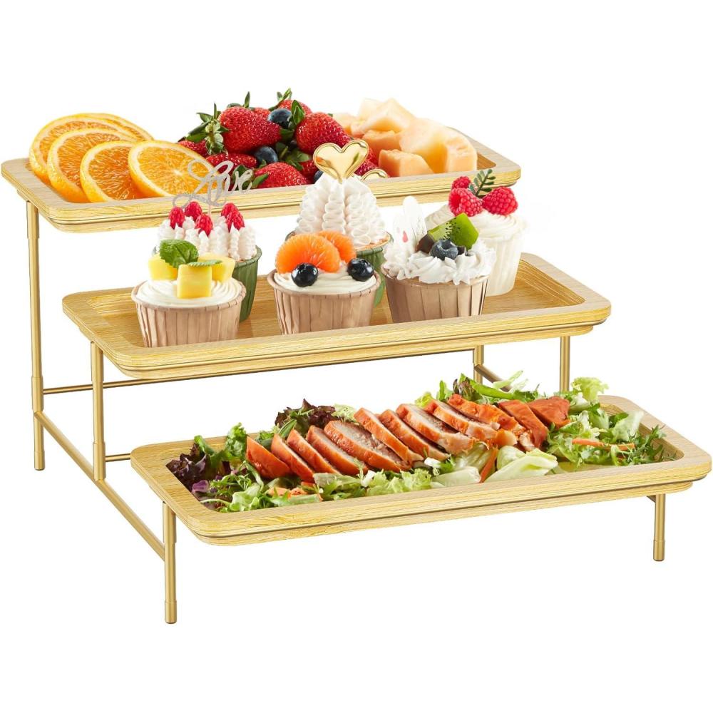 image:imageLifewit 3 Tier Bamboo Serving Tray for Party Supplies 12 x 65 Platters for Serving Food Reusable Trays with Black Metal Display Stand for Veggie Fruit Cookies DessertGold