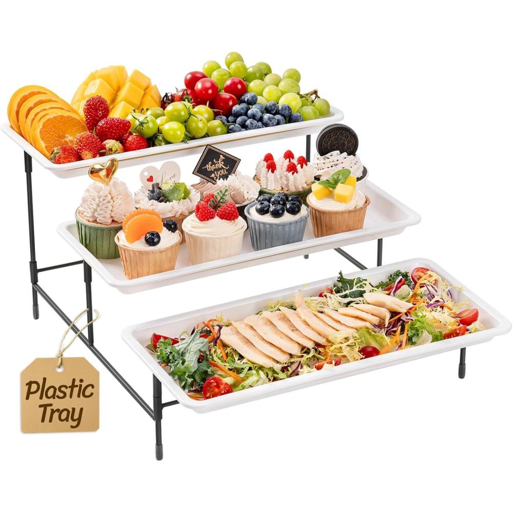image:imageLifewit 3 Tier Serving Tray 12 x 65 White Plastic Tiered Food Serving Platters Tiered Tray Stand for Party with Black Collapsible Metal Stand Dessert Display Stands for Cookies Crackers14 x 65