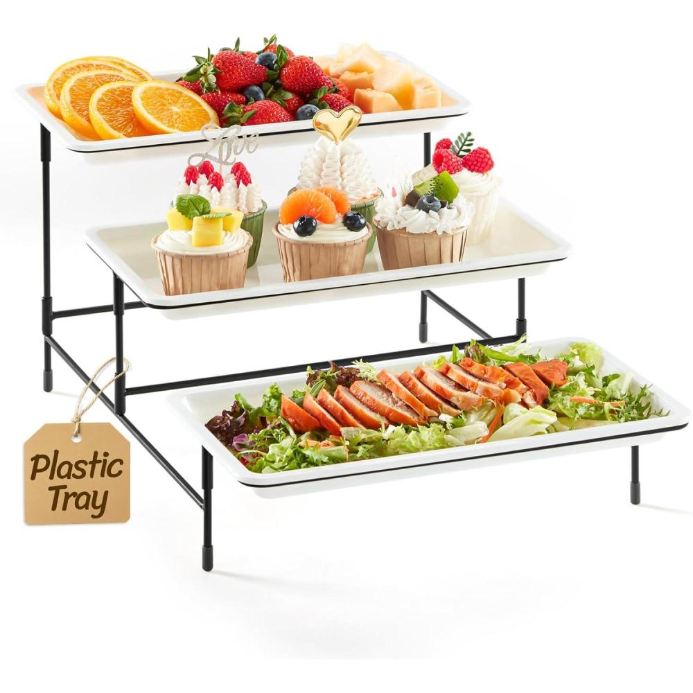 image:imageLifewit 3 Tier Serving Tray 12 x 65 White Plastic Tiered Food Serving Platters Tiered Tray Stand for Party with Black Collapsible Metal Stand Dessert Display Stands for Cookies Crackers12 x 65