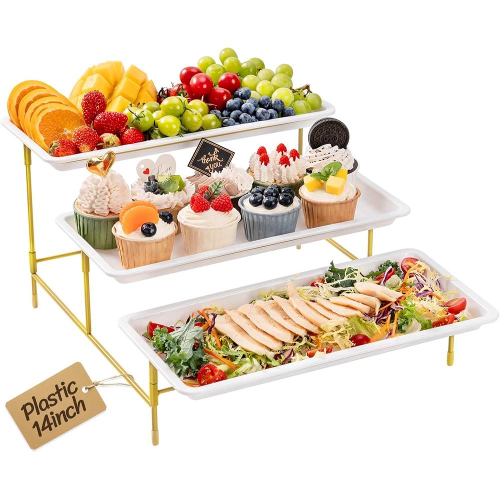 image:imageLifewit 3 Tier Serving Tray for Party 12 x 65 Plastic Tiered Food Serving Platters White Rotatable Tiered Tray Stand with Gold Collapsible Metal Stand Dessert Table Display Set for Buffet14 x 65