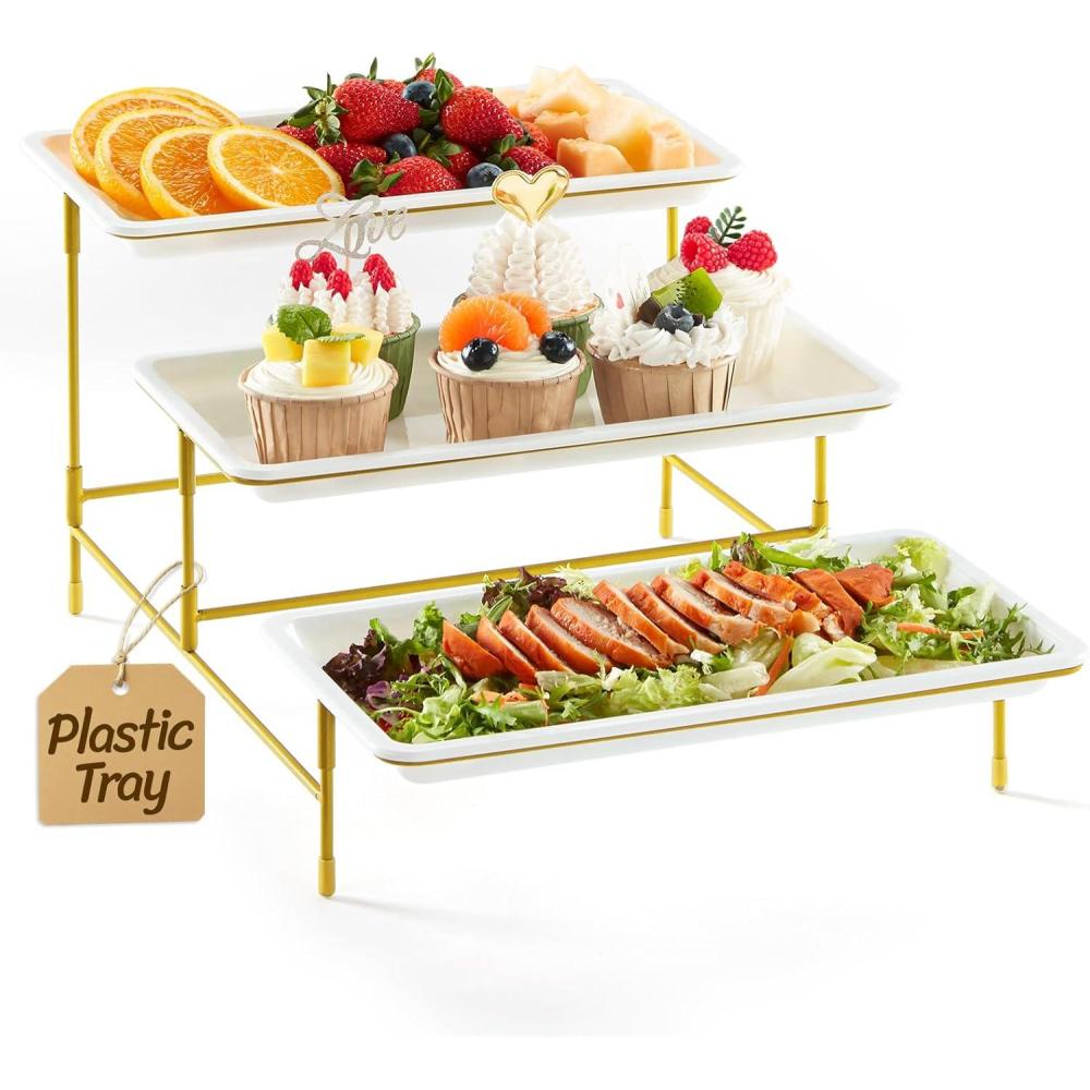 image:imageLifewit 3 Tier Serving Tray for Party 12 x 65 Plastic Tiered Food Serving Platters White Rotatable Tiered Tray Stand with Gold Collapsible Metal Stand Dessert Table Display Set for Buffet12 x 65