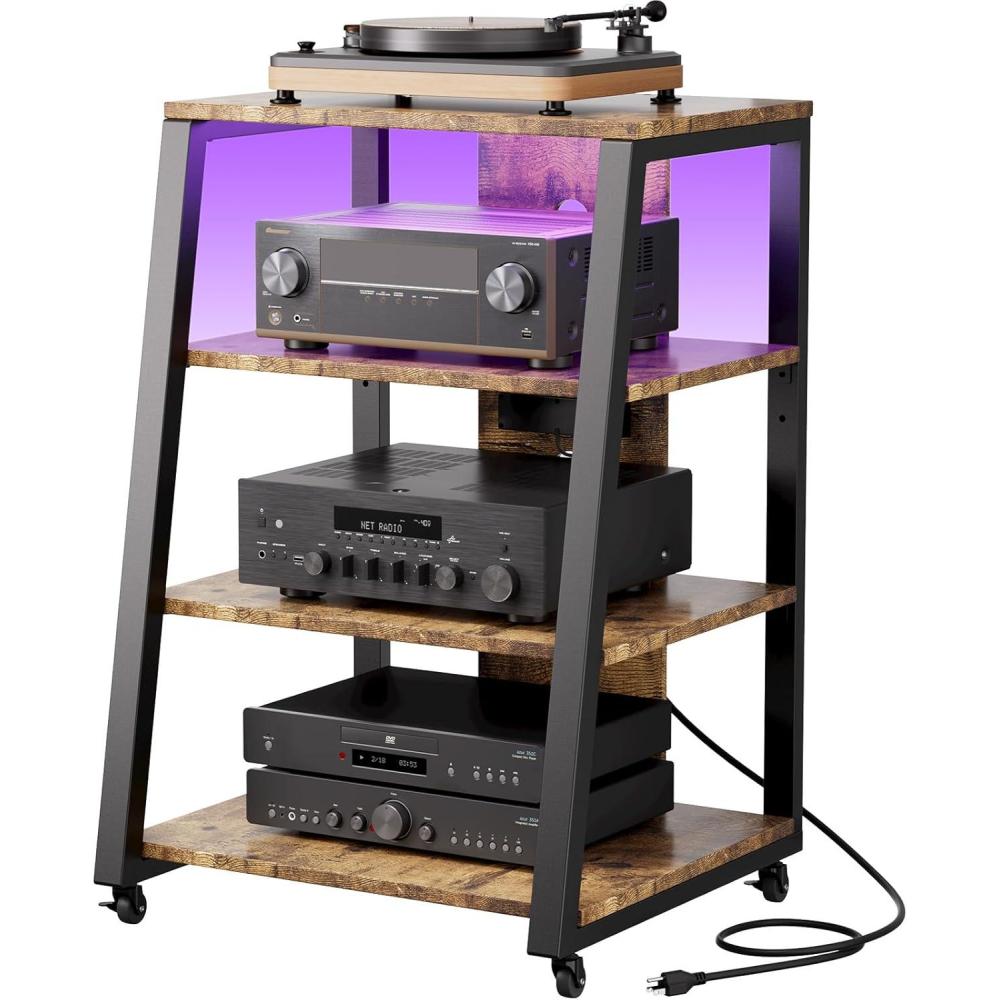 image:imageLifewit 4 Tier AV Media Stand with Power Outlets Stereo Racks with LED Lights Wheels and Adjustable Shelves for Record Player Rolling Media Audio Tower Cabinet Hold 110lbs Rustic Brown