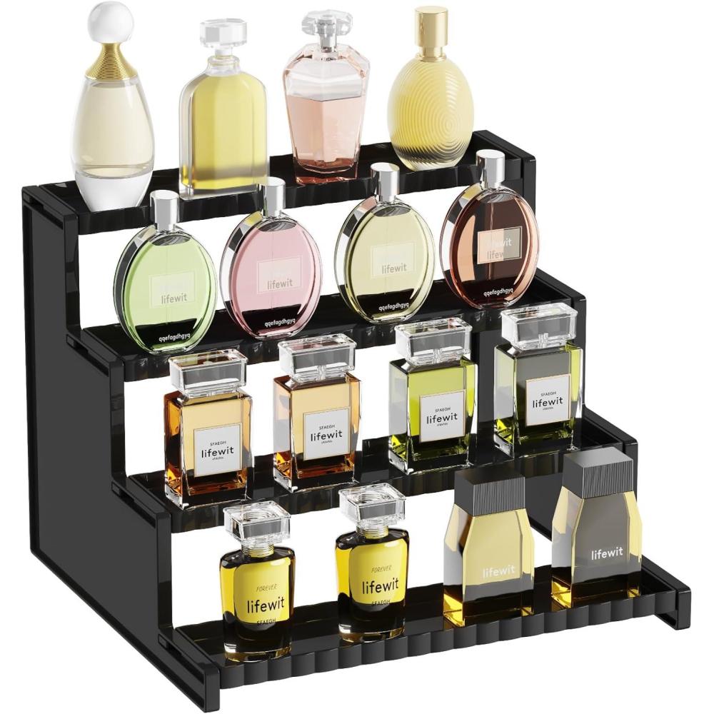 image:imageLifewit 4 Tier Clear Display Riser Stand with Decorative Secure Fences Toolfree Assembly Plastic 12 Inch Perfume Organizer Display for Figures Cupcake Dessert 1packBlack
