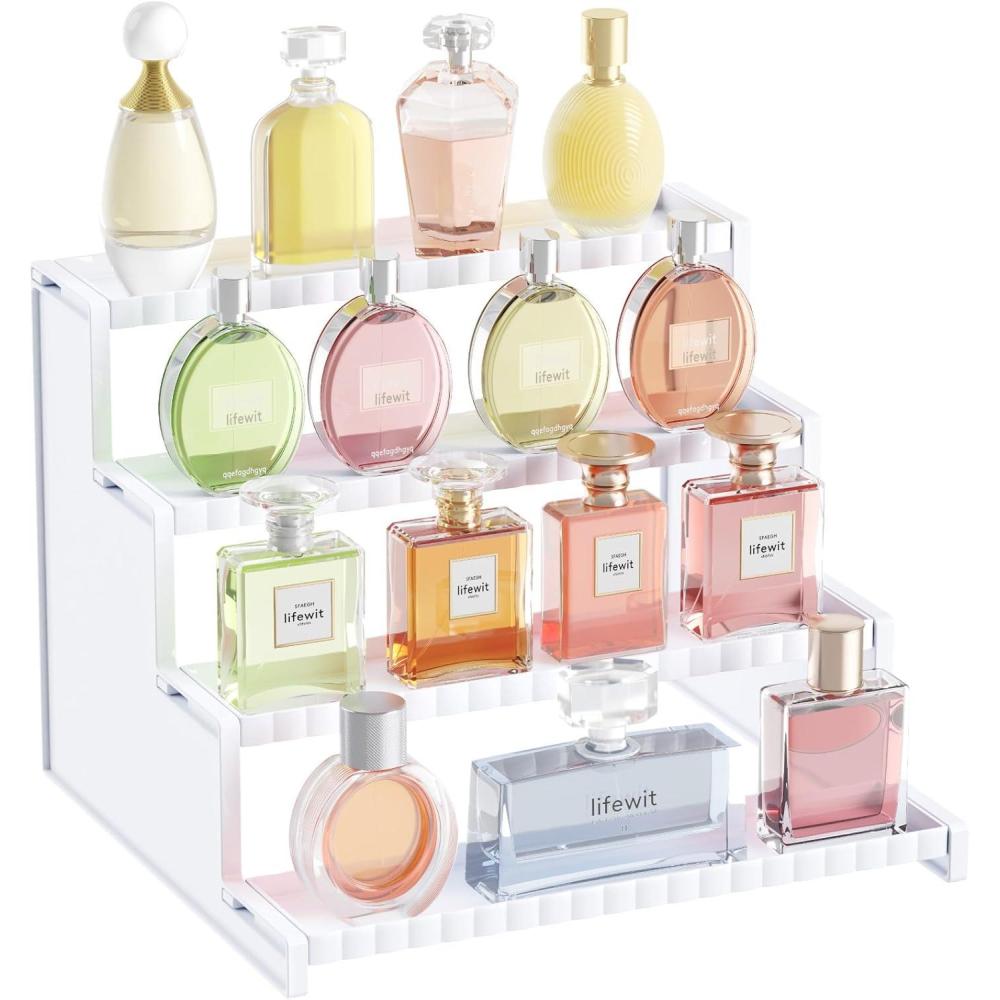 image:imageLifewit 4 Tier Clear Display Riser Stand with Decorative Secure Fences Toolfree Assembly Plastic 12 Inch Perfume Organizer Display for Figures Cupcake Dessert 1packWhite