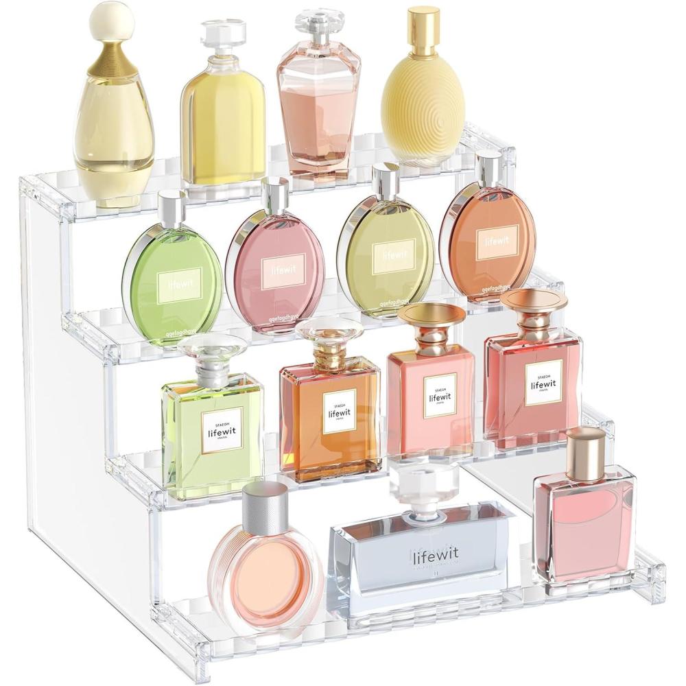 image:imageLifewit 4 Tier Clear Display Riser Stand with Decorative Secure Fences Toolfree Assembly Plastic 12 Inch Perfume Organizer Display for Figures Cupcake Dessert 1packClear