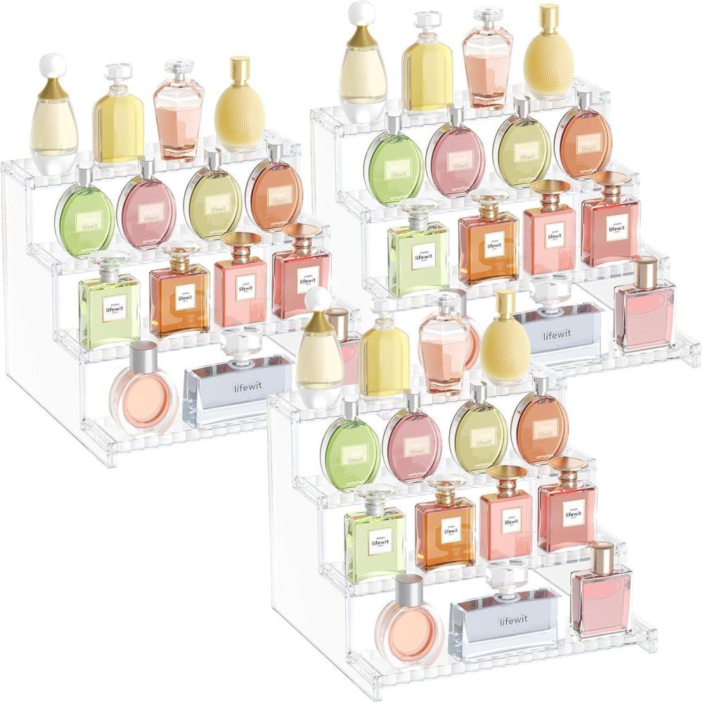 image:imageLifewit 4 Tier Clear Display Riser Stand with Decorative Secure Fences Toolfree Assembly Plastic 12 Inch Perfume Organizer Display for Figures Cupcake Dessert 1packTransparent