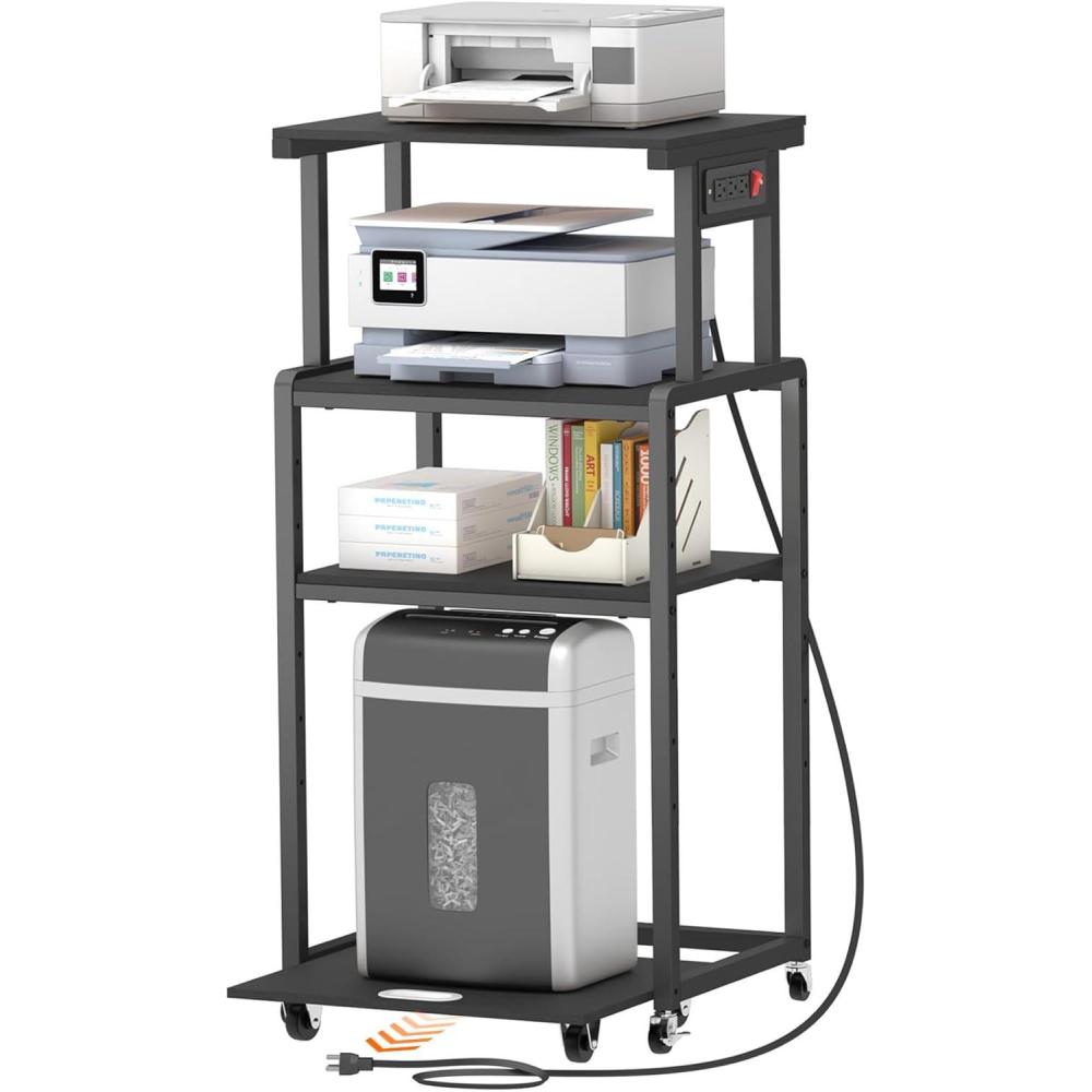 image:imageLifewit 4 Tier Printer Stand with 3 Power Outlets Wheels and Adjustable Storage Shelf for Home Office Rolling Printer Cart for Shredder Scanner Fax Hold 340lbs Rustic BrownBlack