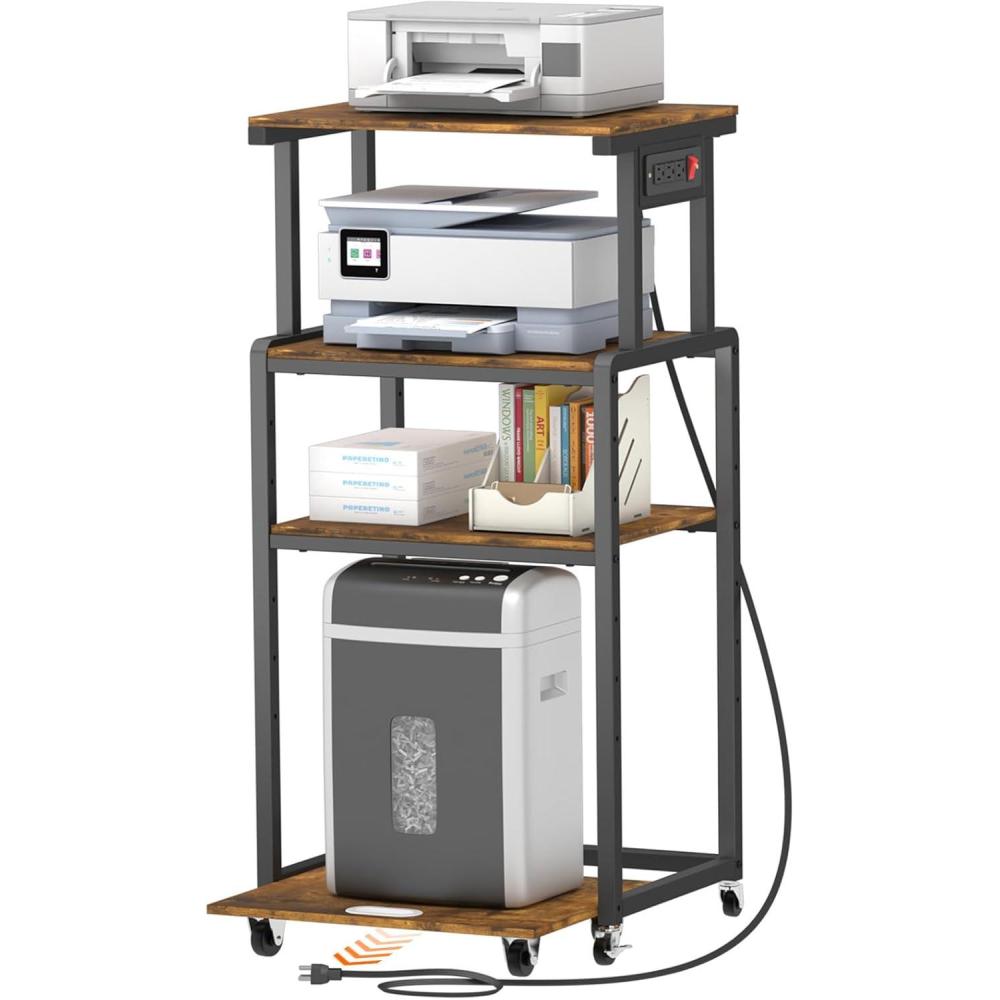 image:imageLifewit 4 Tier Printer Stand with 3 Power Outlets Wheels and Adjustable Storage Shelf for Home Office Rolling Printer Cart for Shredder Scanner Fax Hold 340lbs Rustic BrownRustic Brown
