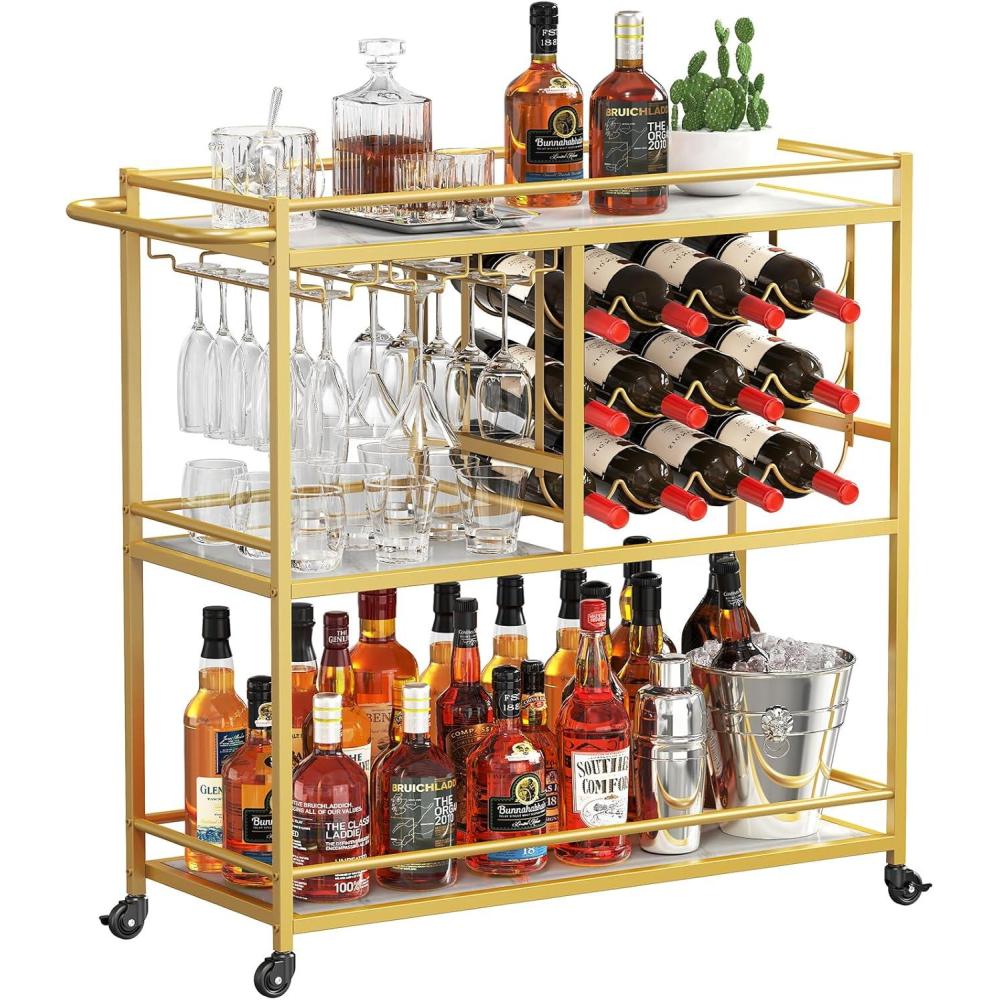 image:imageLifewit Bar Cart for The Home 3 Tier Drink Cart with Lockable Wheels 12 Wine Rack and 3 Rows Glass Holders Liquor Serving Cart for Livingroom 80 x 332 x 86 cm316 x 131 x 339 inch GoldGold