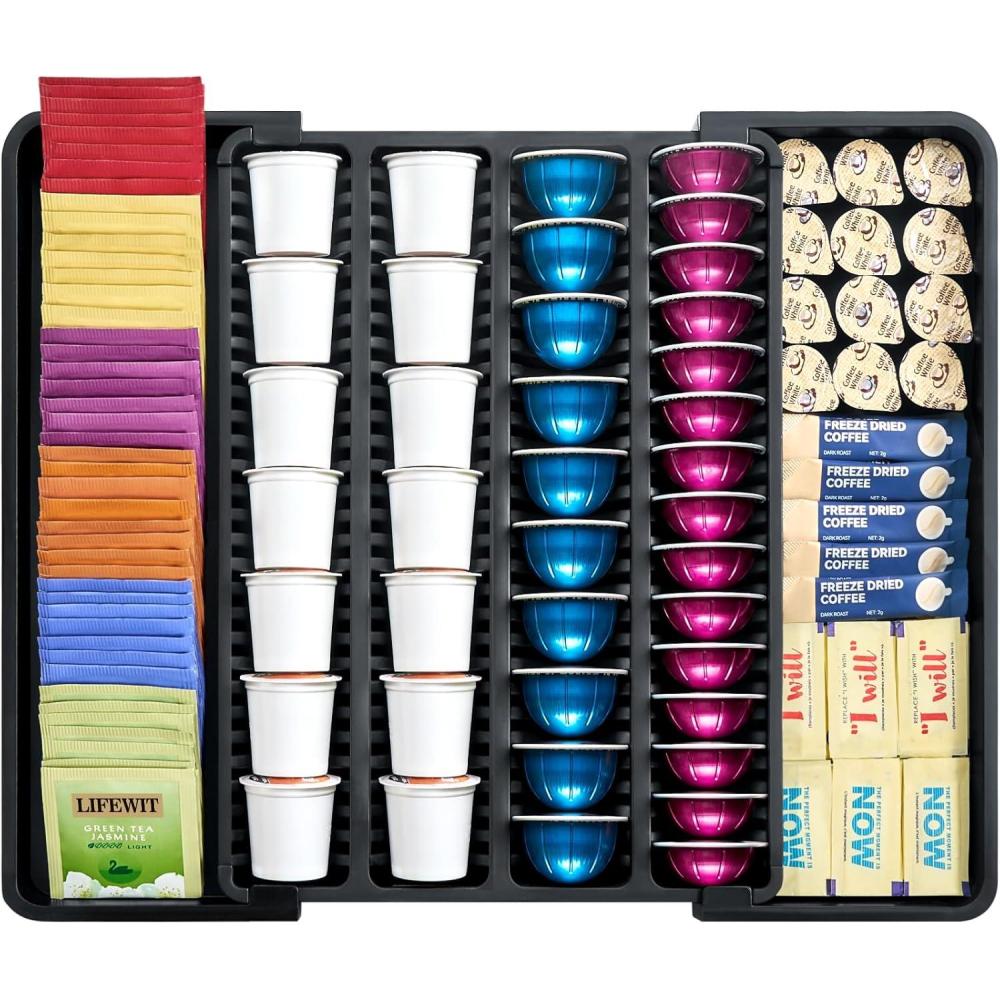 image:imageLifewit Coffee Pod Holder Drawer Organizer Expandable Coffee Pods Storage Drawers Insert for Tea Bags Bar Organizer Compatible with K Cup Nespresso OriginalLine VertuoLine Capsules Black