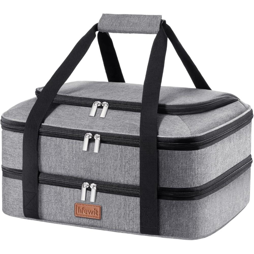 image:imageLifewit Double Decker Casserole Carrier for Hot and Cold Food Insulated Casserole Dish Carrier Carrying Case with Tool Room Thermal Bag for Potluck Parties Cookouts Fits 913 Baking Dish GrayGray