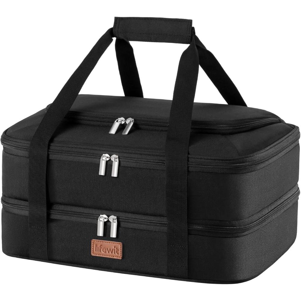 image:imageLifewit Double Decker Casserole Carrier for Hot and Cold Food Insulated Casserole Dish Carrier Carrying Case with Tool Room Thermal Bag for Potluck Parties Cookouts Fits 913 Baking Dish GrayBlack