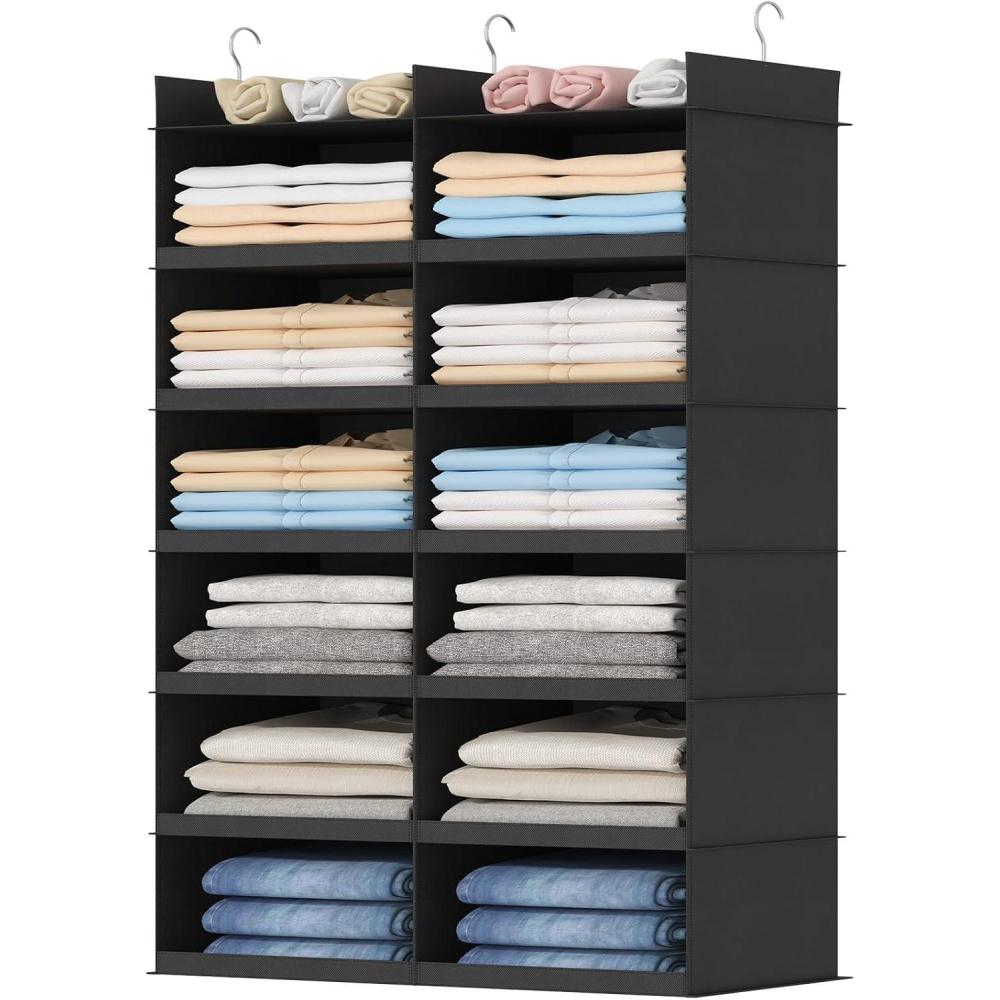 image:imageLifewit DualRow Shelf Hanging Closet Organizer and Storage Clothes Shelves with 3 Sturdy Hooks for Clothing Organization Foldable Container Hold Up to 36 Sweaters 6 Tier 12 Sections GrayBlack