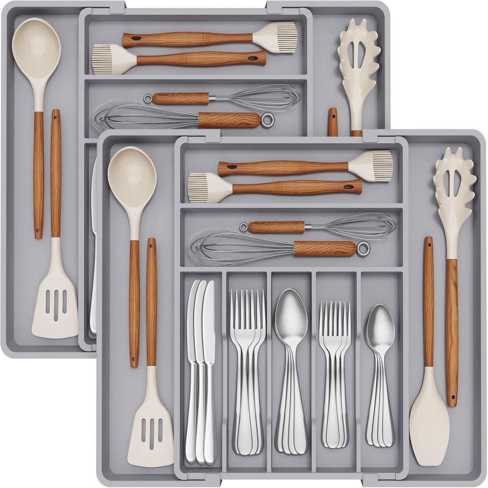image:imageLifewit Expandable Silverware Drawer Organizer 167 inches Deep Adjustable Utensil Cutlery Tray for kitchen Plastic Flatware Spoon Fork Knives Holder Storage Divider 7 Compartment 2 Pack GrayGray