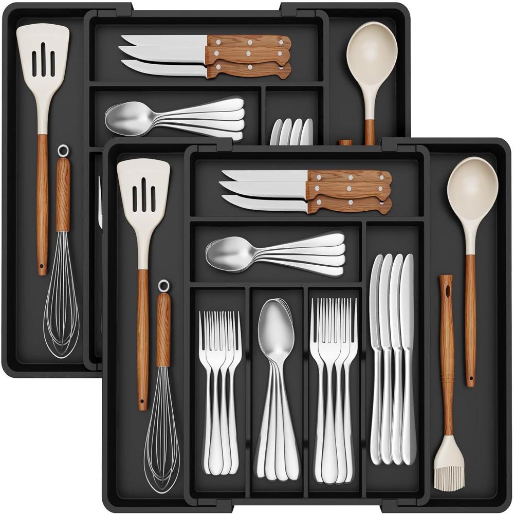 image:imageLifewit Expandable Silverware Drawer Organizer Adjustable Utensil Cutlery Tray for kitchen Plastic Flatware Spoon Fork Knives Holder Storage Divider 2 Pack GrayBlack