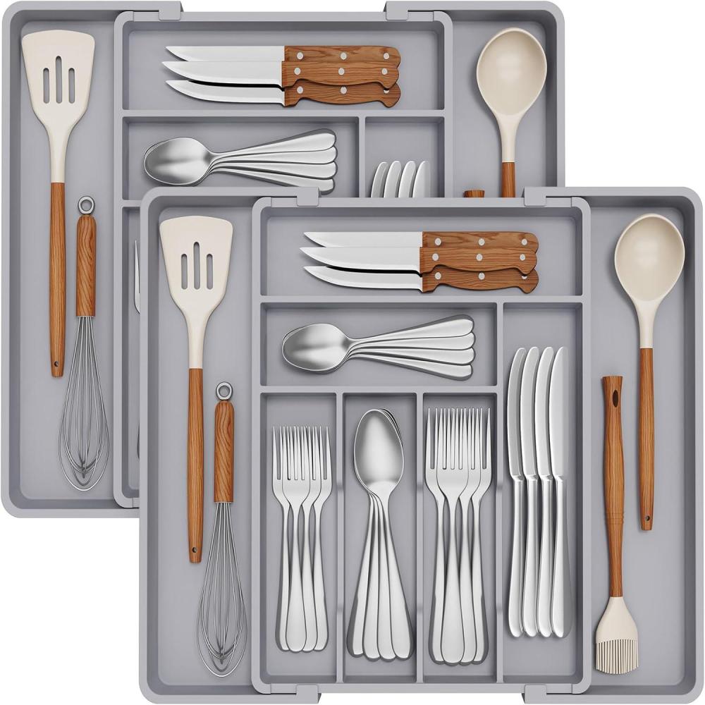 image:imageLifewit Expandable Silverware Drawer Organizer Adjustable Utensil Cutlery Tray for kitchen Plastic Flatware Spoon Fork Knives Holder Storage Divider 2 Pack GrayGray