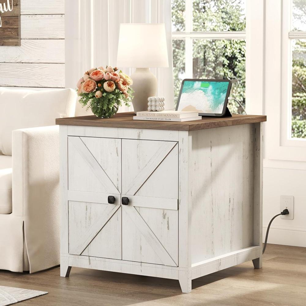 image:imageLifewit Farmhouse End Table with Charging Station and USB Ports Large Tabletop Side Table with Double Barn Doors Wood Square Nightstand for Living Room Office Bedroom Hold 110lbs Rustic White