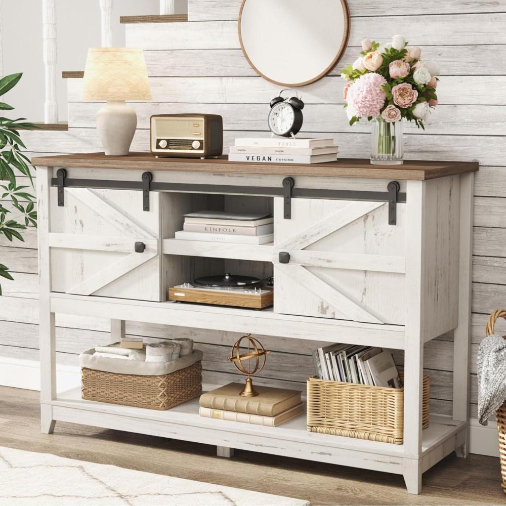 image:imageLifewit Farmhouse Entryway Console Table Adjustable Shelf Sliding Barn Doors Hallway Table with Bottom Open Shelf for Entrance Living Room Foyer Hold 130lbs Rustic White 47 x 157 x 32