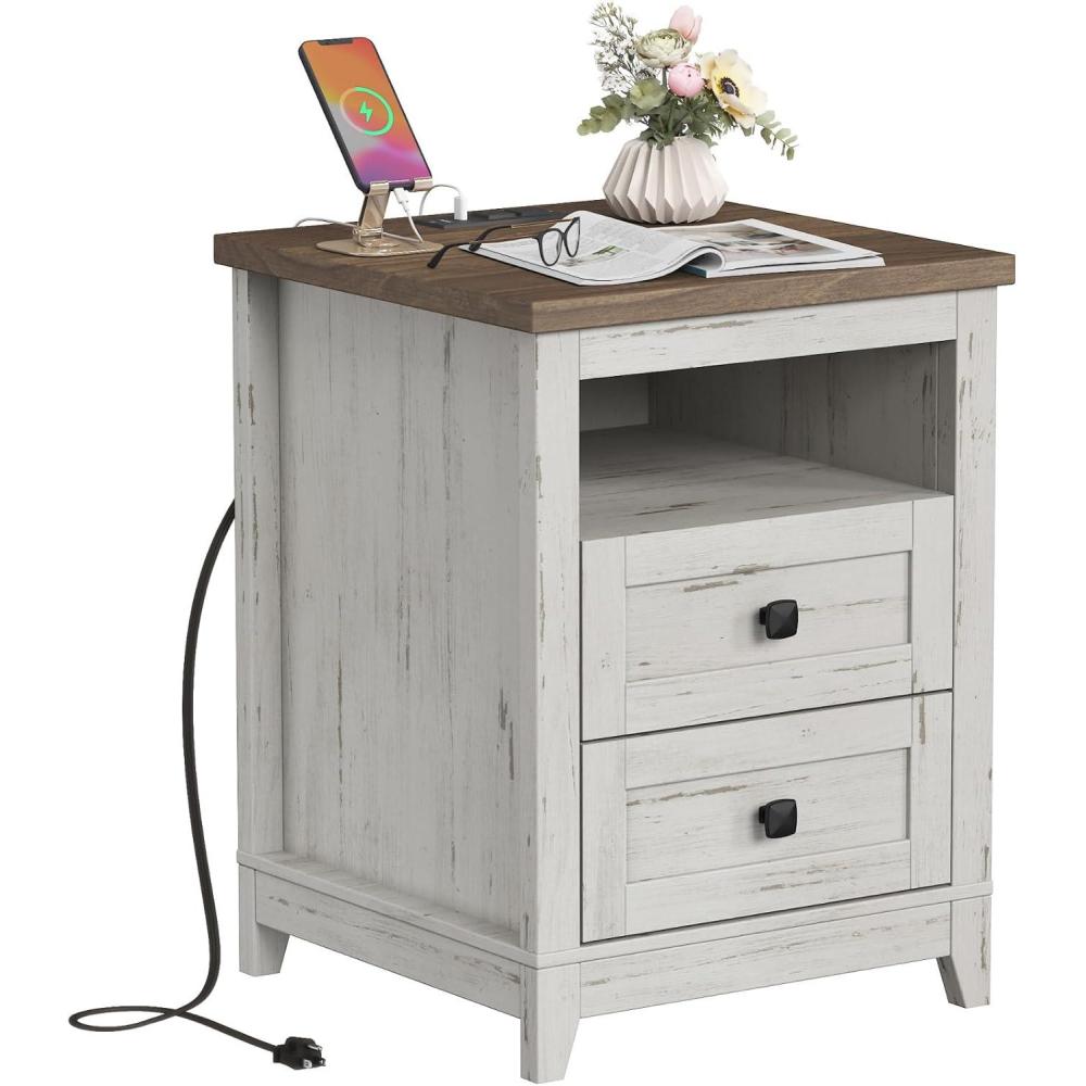 image:imageLifewit Farmhouse Nightstand with Power Outlets and USB Ports Bedside Table with 2 Drawers and 1 Open Storage Space End Table for Bedroom Hold 100lbs Rustic White